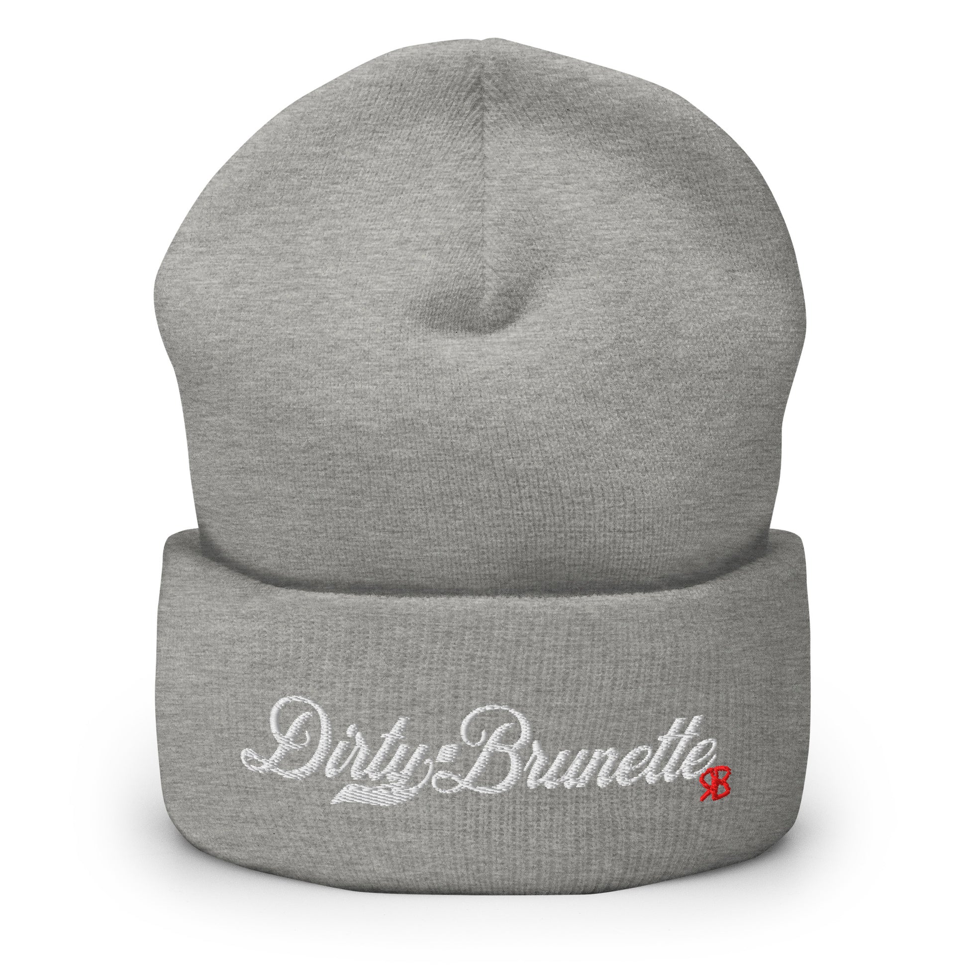 Light Grey knitted beanie with the embroidered phrase “Dirty Brunette” in white script and a small red RB logo on the fold-over cuff, displayed against a clean white background.