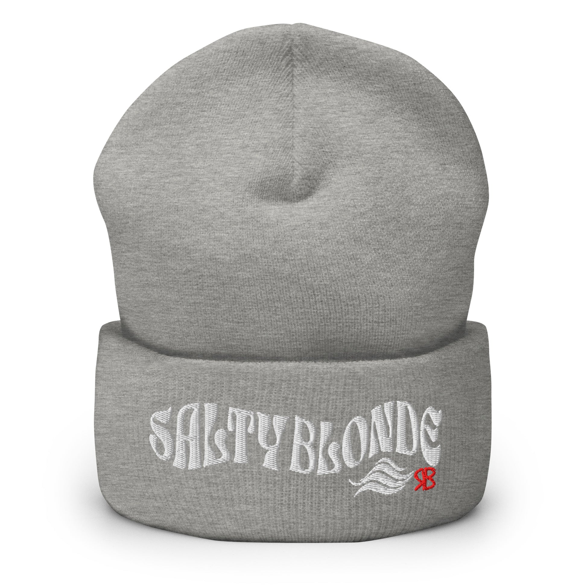Light Grey cuffed beanie featuring the embroidered phrase “SALTY BLONDE” in textured white lettering with a flowing wave motif and a small red RB logo on the fold.