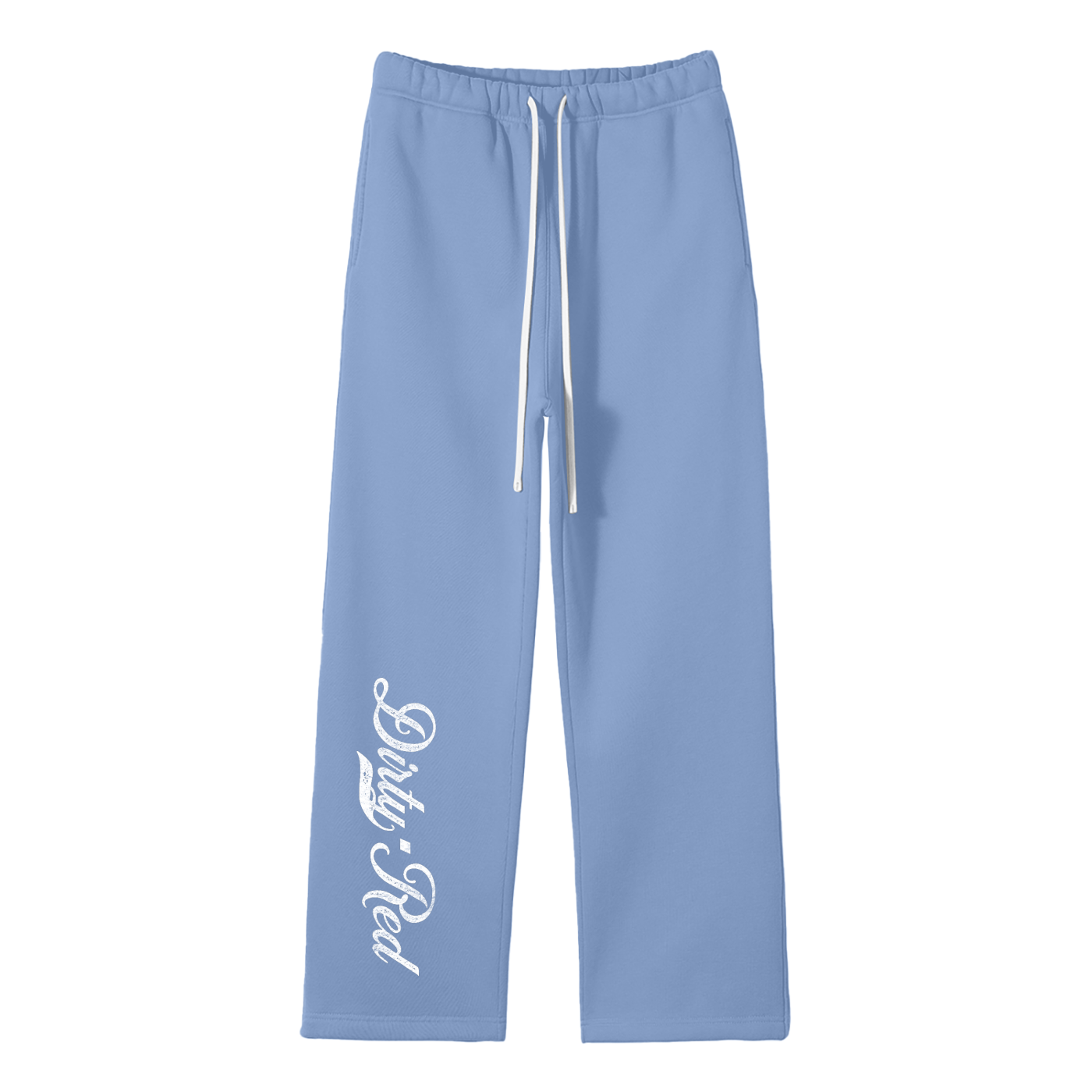 Medium blue relaxed-fit straight joggers with white drawstrings and vintage-style “Dirty Red” milkstore script printed vertically down the leg — bold, effortless and unmistakably RedBlonde.