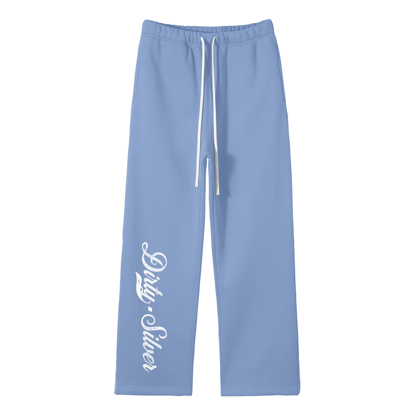 medium blue relaxed-fit straight joggers with white drawstrings and vintage-style “Dirty Silver” milkstore script printed vertically down the leg — bold, effortless and unmistakably RedBlonde.