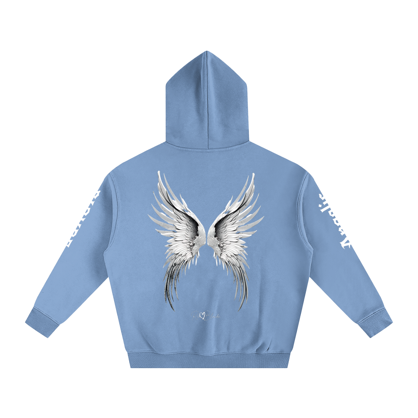 Back view of a mid blue hoodie featuring large silver angel wings printed across the back, with black RedBlonde signature logo underneath. Each sleeve features gothic New Rockstar font graphic text  one sleeve says 'Angelic' and the other 'Blonde' 