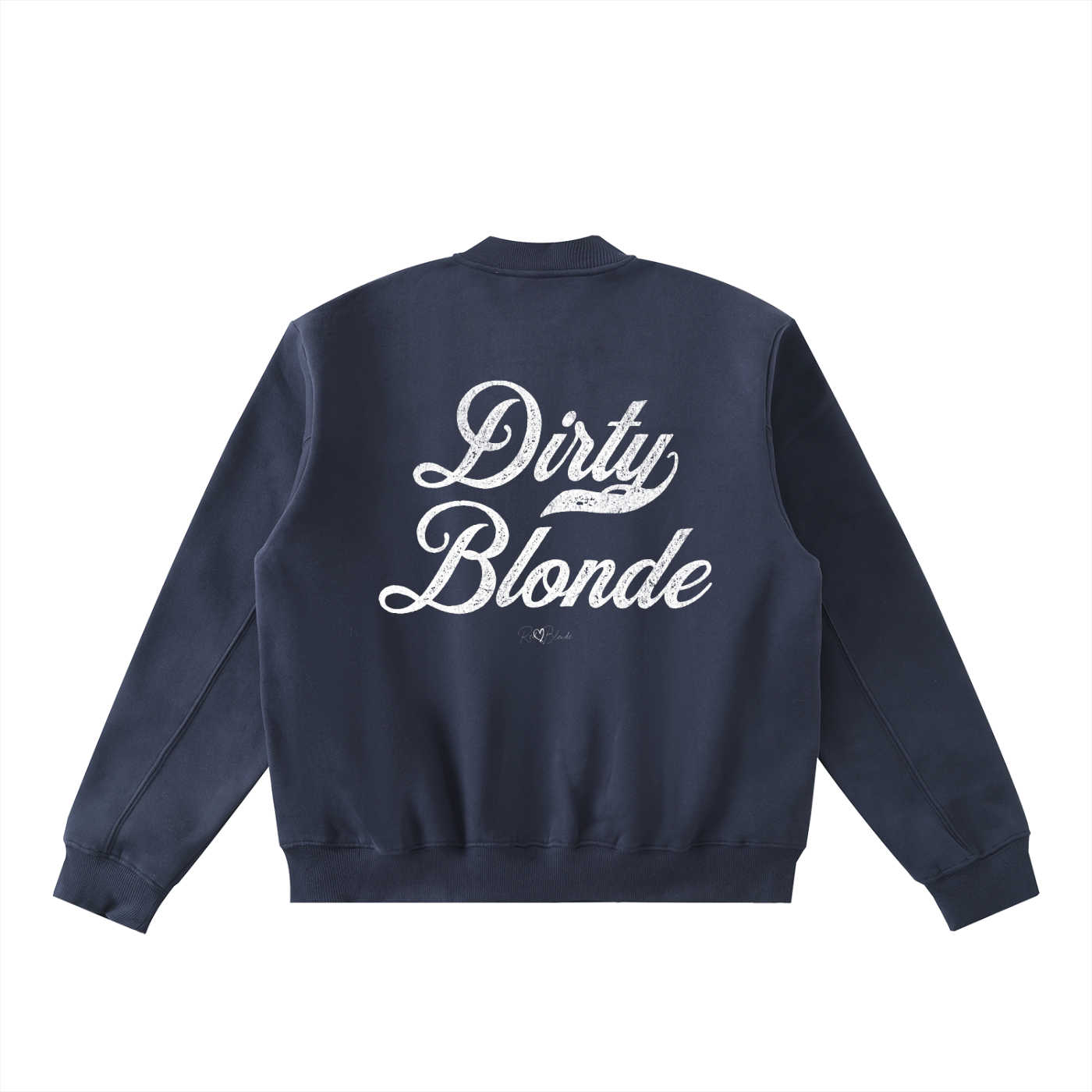 The back of a navy crewneck zip up varsity jacket  laid flat on a white background. It has ribbed cuffs, collar, and hem. Large white Milkstore 01 script text across the back reads “Dirty Blonde,” with a small cursive RedBlonde logo beneath.