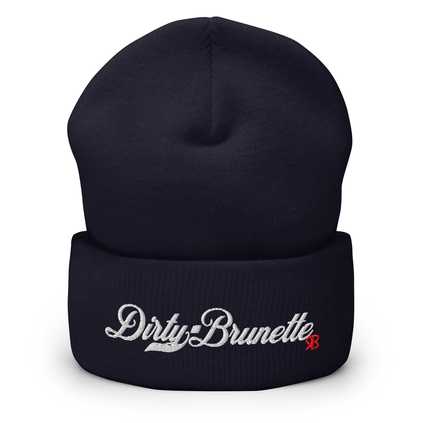 Navy knitted beanie with the embroidered phrase “Dirty Brunette” in white script and a small red RB logo on the fold-over cuff, displayed against a clean white background.