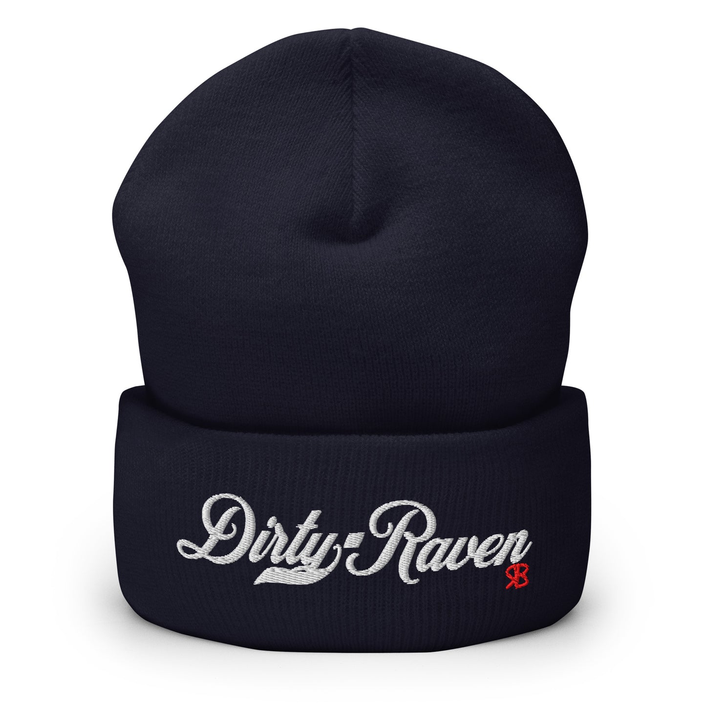 Navy knitted beanie with the embroidered phrase “Dirty Raven” in white script and a small red RB logo on the fold-over cuff, displayed against a clean white background.