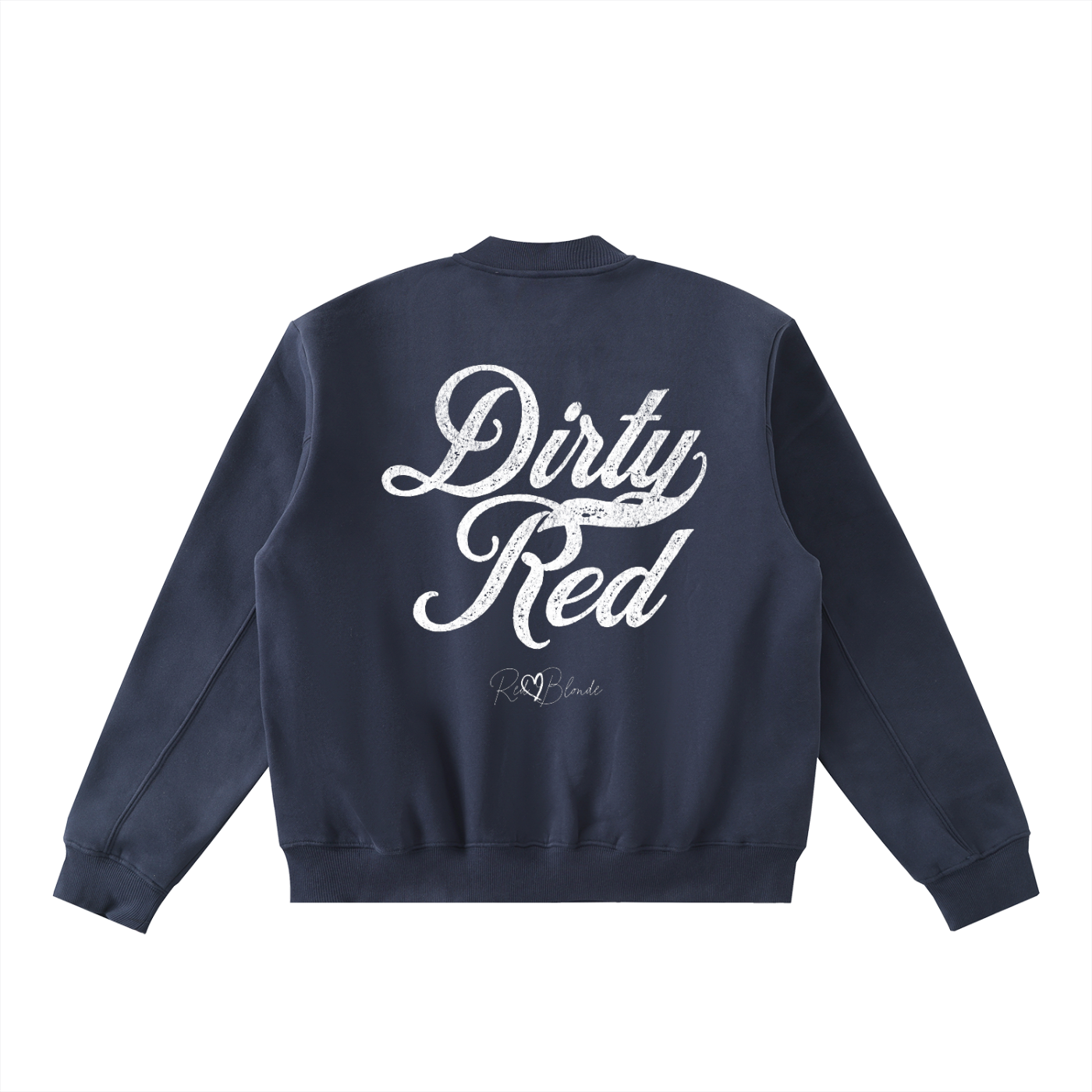 Navy unisex zip up fleece bomber jacket  featuring bold white milkstore script “Dirty Red” lettering and the RedBlonde logo printed on the back in a vintage script style.