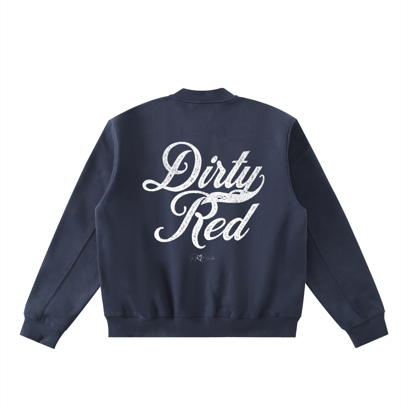 Navy sweatshirt zip-up jacket shown from the back with large white Milksotore scripted text reading “Dirty Red” and a small RedBlonde signature beneath. The sweatshirt has a relaxed fit with long sleeves and ribbed cuffs and hem.