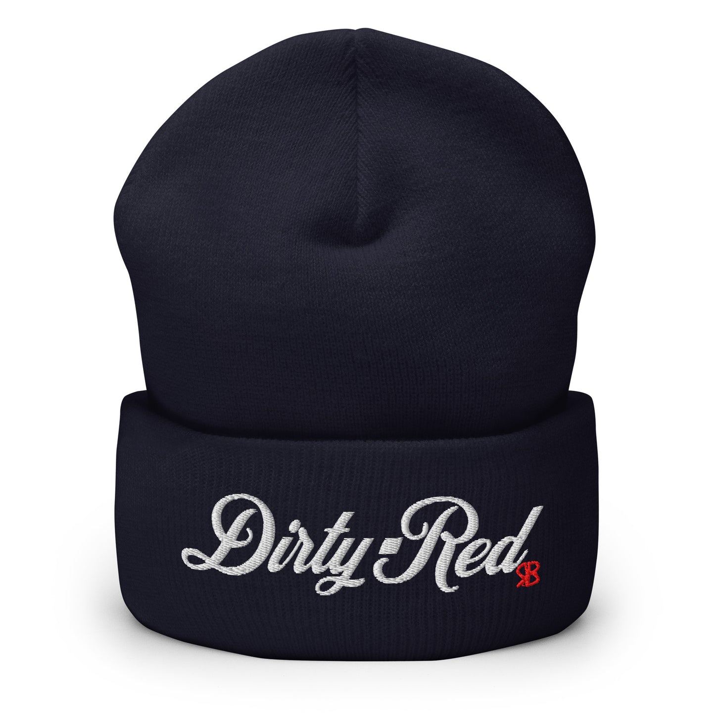Navy knitted beanie with the embroidered phrase “Dirty Red” in white script and a small red RB logo on the fold-over cuff, displayed against a clean white background.