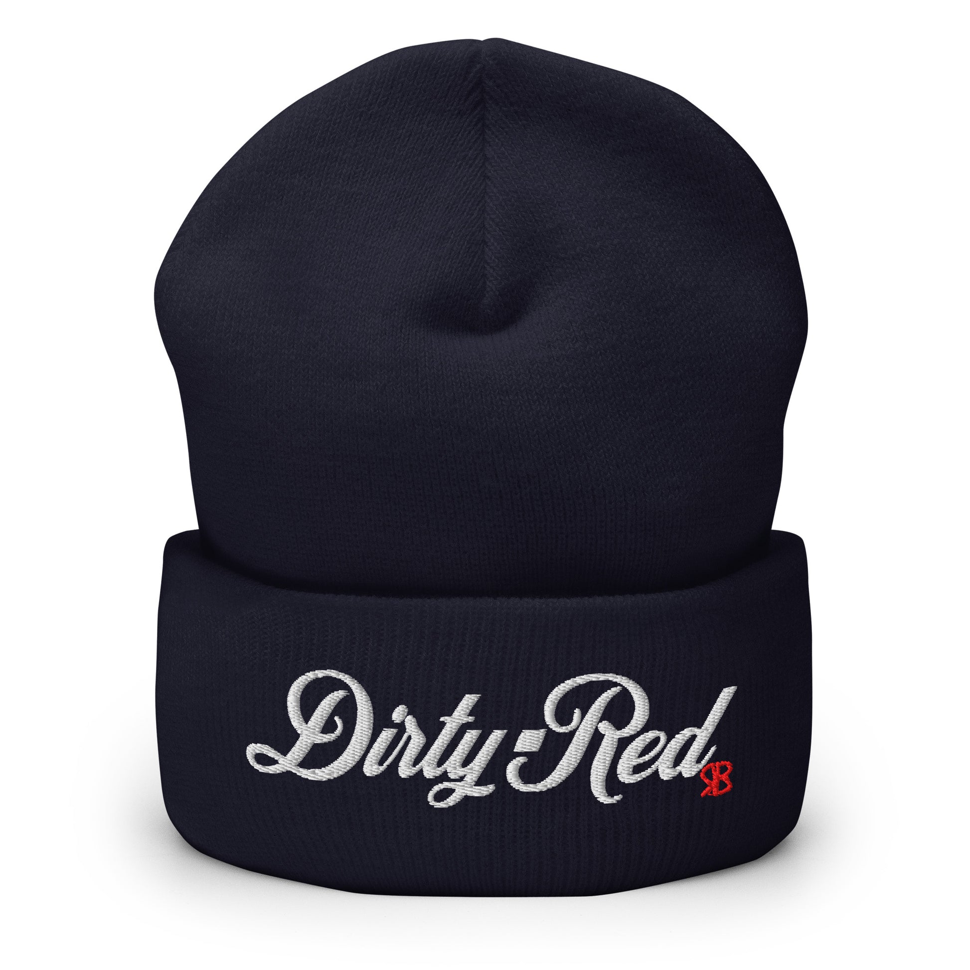 Navy knitted beanie with the embroidered phrase “Dirty Red” in white script and a small red RB logo on the fold-over cuff, displayed against a clean white background.