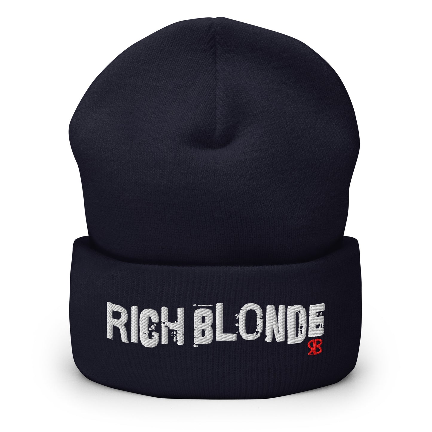 Black cuffed beanie featuring bold white embroidered text “RICH BLONDE” across the front and a small red RB logo detail on the fold.
