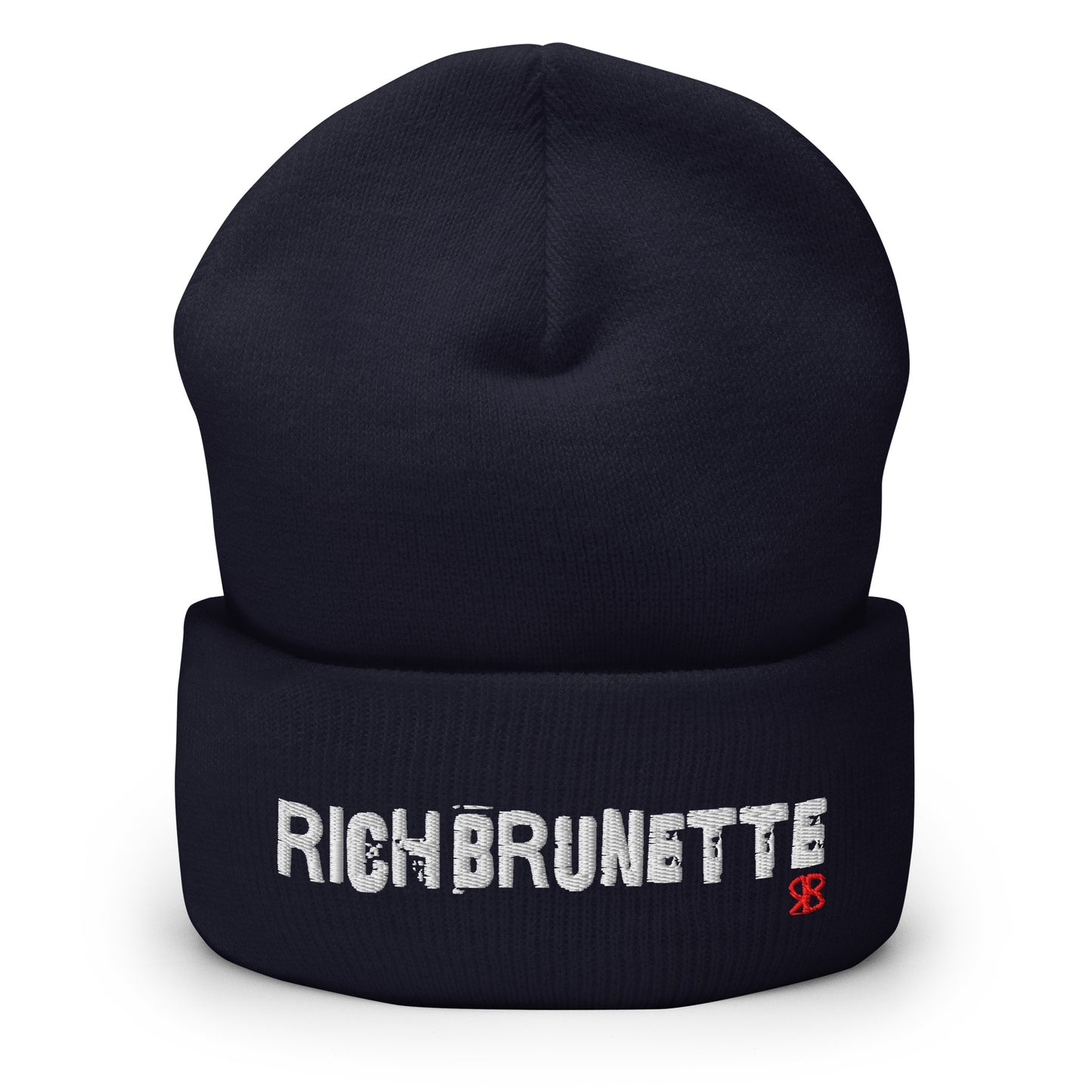 Navy Rich Brunette knitted beanie with the embroidered phrase “Rich Brunette” in white script and a small red RB logo on the fold-over cuff, displayed against a clean white background.