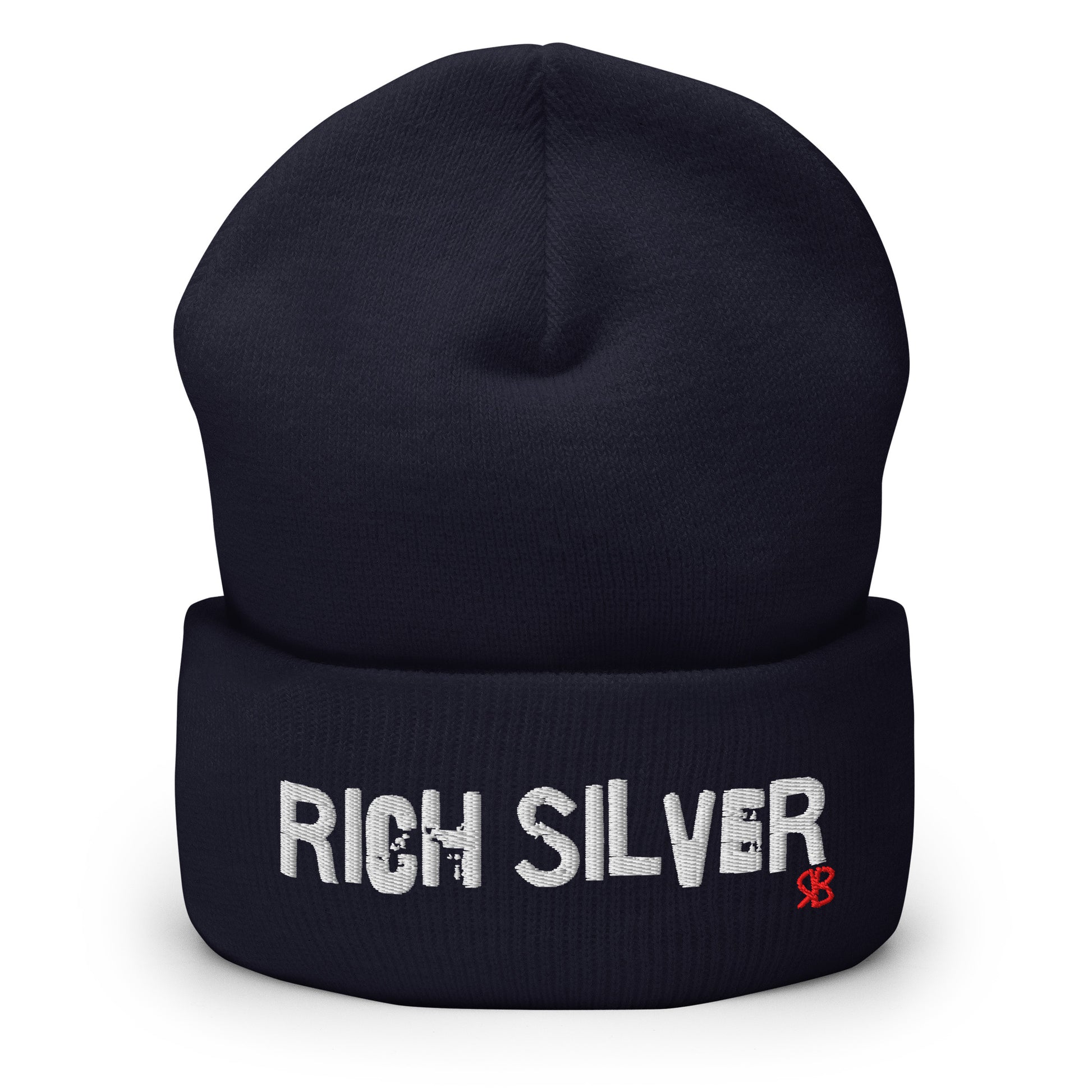 Navy knitted beanie with the embroidered phrase “Rich Silver” in white script and a small red RB logo on the fold-over cuff, displayed against a clean white background.