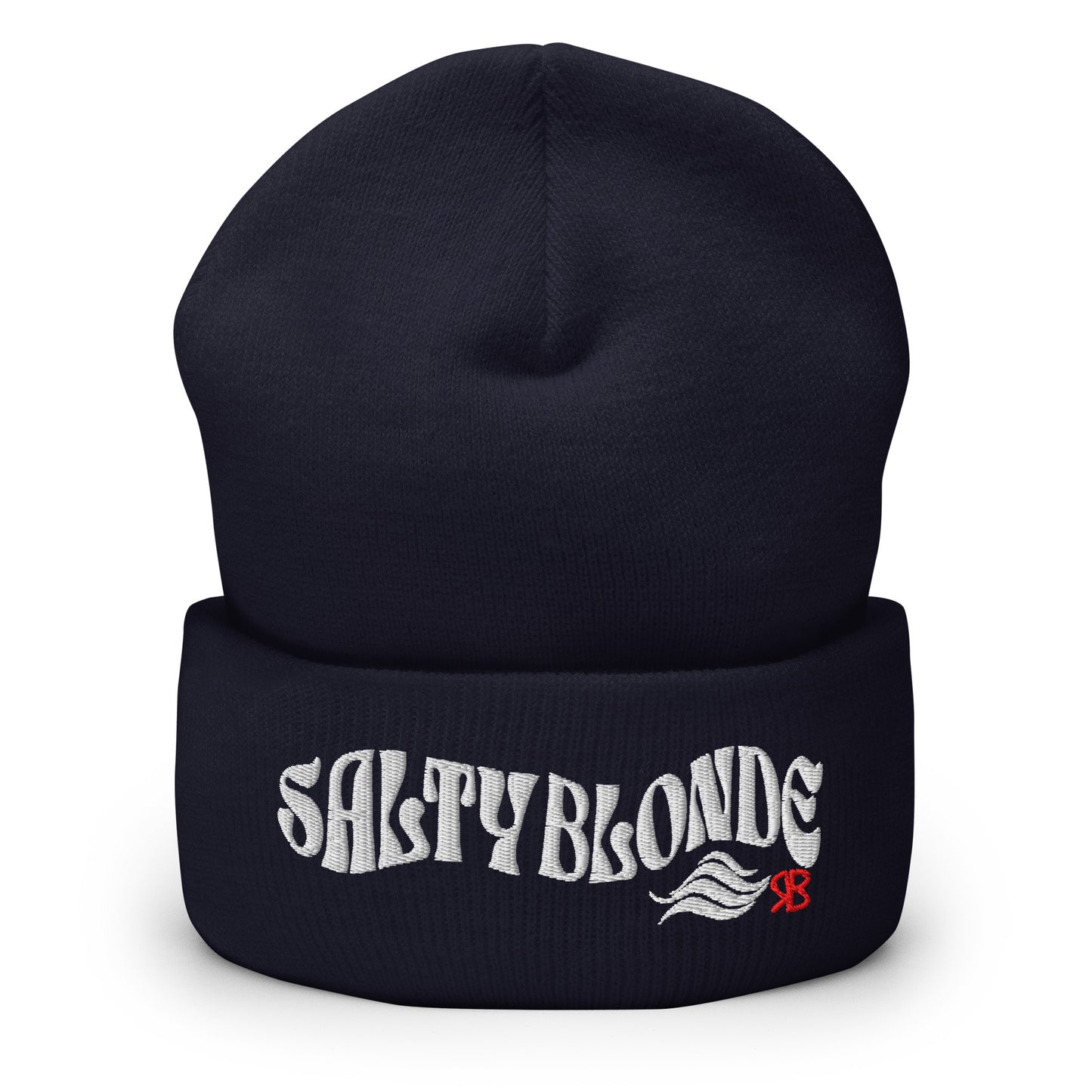 Navy cuffed beanie featuring the embroidered phrase “SALTY BLONDE” in textured white lettering with a flowing wave motif and a small red RB logo on the fold.
