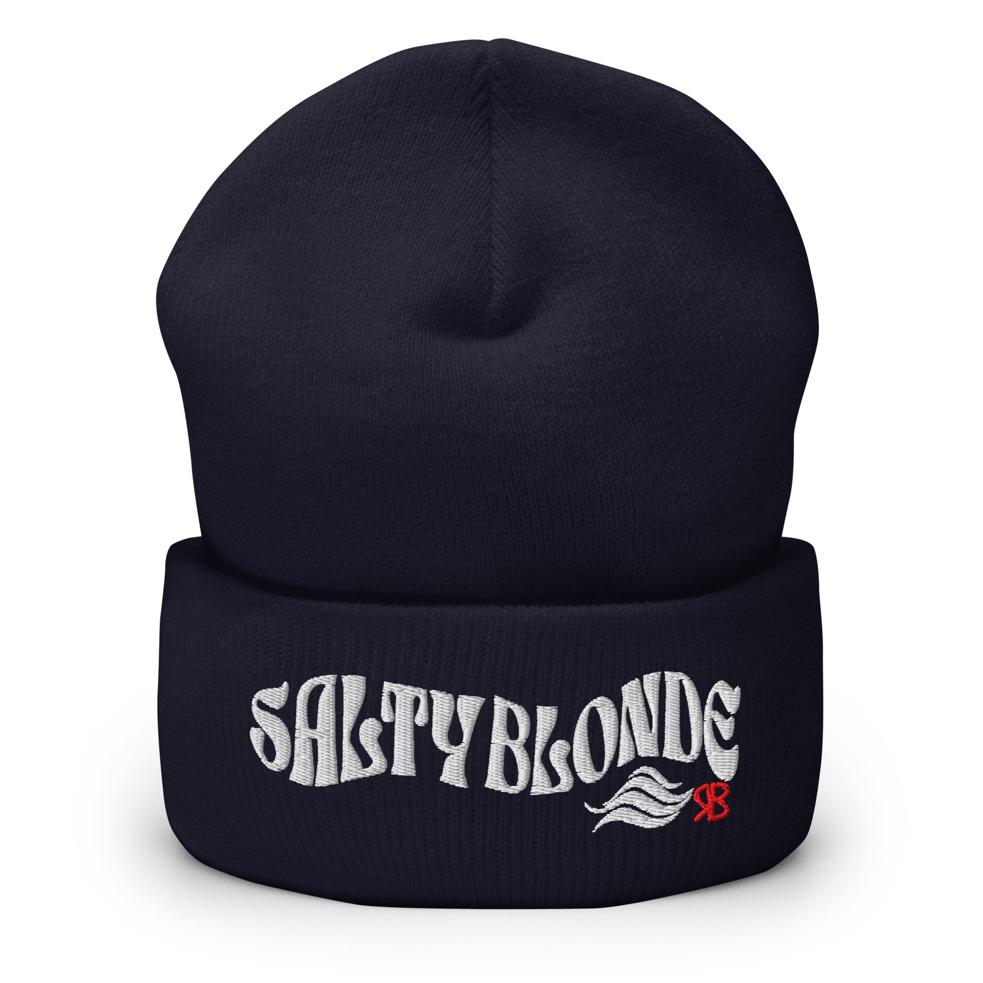 Navy cuffed beanie featuring the embroidered phrase “SALTY BLONDE” in textured white lettering with a flowing wave motif and a small red RB logo on the fold.