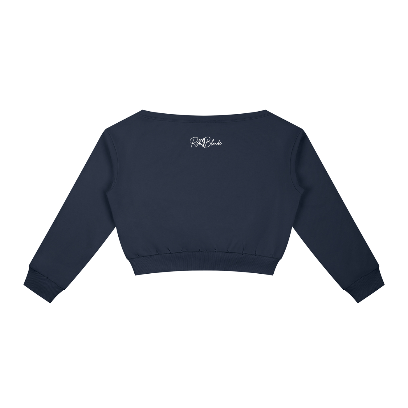 Navy off-the-shoulder cropped sweatshirt with long sleeves, ribbed cuffs and hem, and a small black RedBlonde logo printed at the upper back.