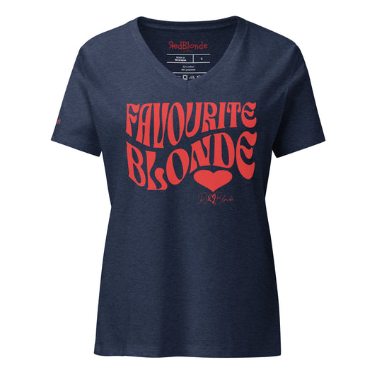 Navy women's loose fit v-neck graphic t-shirt with the slogan 'Favourite Blonde' in Solino Display red retro 70s wavy font. Signed with a heart and RedBlonde. Branded RedBlonde in red on inside neck and right sleeve