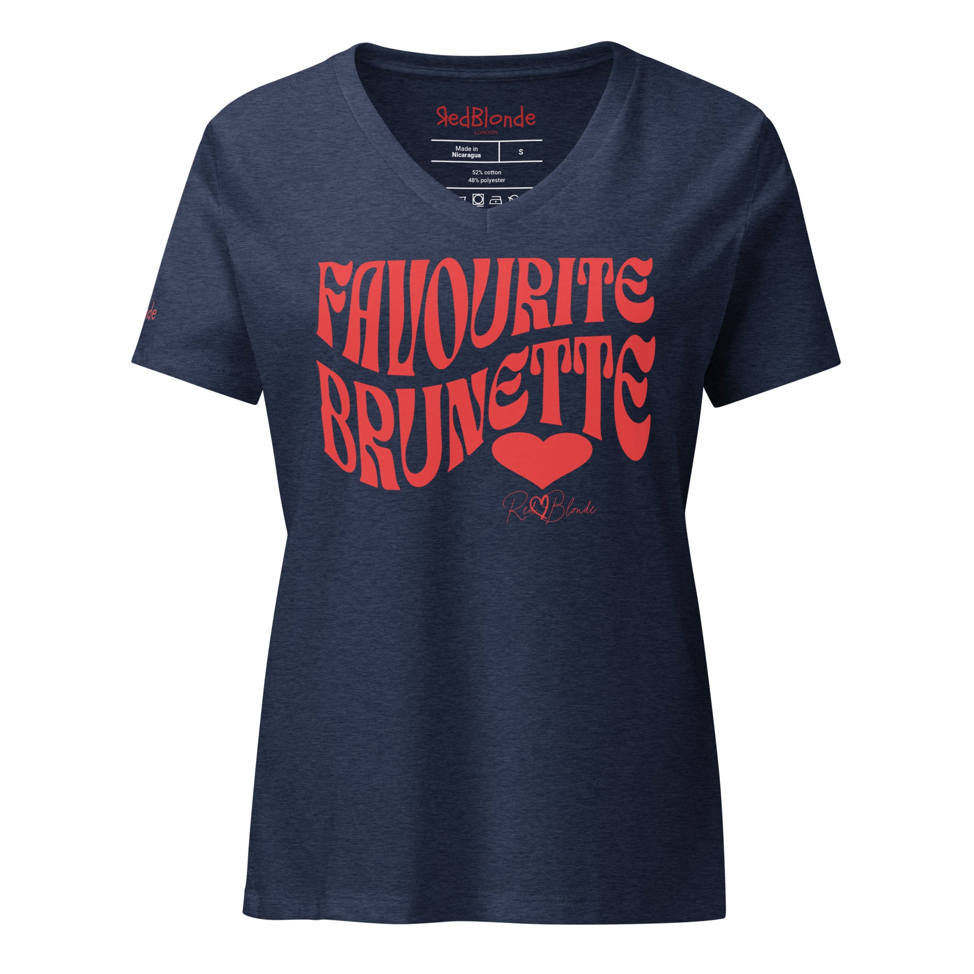 Navy women's loose fit v-neck graphic t-shirt with the slogan 'Favourite Brunette' in Solino Display red retro 70s wavy font. Signed with a heart and RedBlonde. Branded RedBlonde in red on inside neck and right sleeve