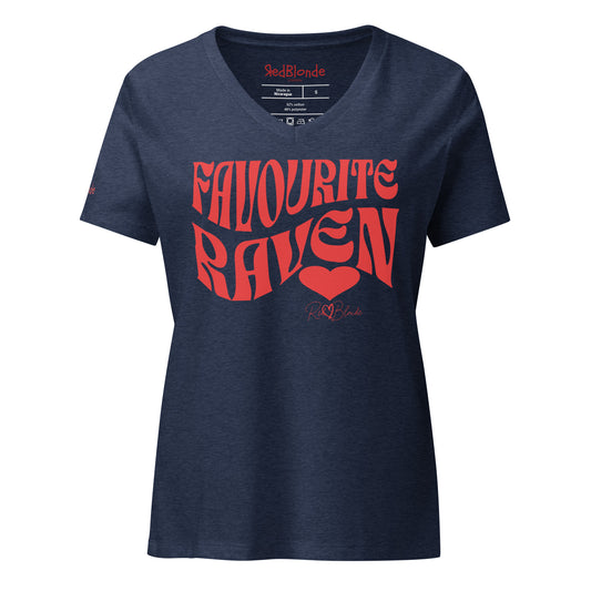 Navy women's loose fit v-neck graphic t-shirt with the slogan 'Favourite Raven' in Solino Display red retro 70s wavy font. Signed with a heart and RedBlonde. Branded RedBlonde in red on inside neck and right sleeve