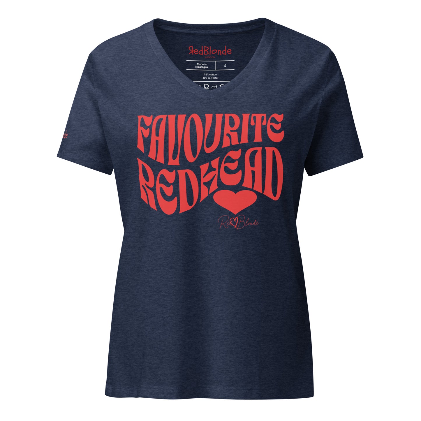 Navy women's loose fit v-neck graphic t-shirt with the slogan 'Favourite Redhead' in Solino Display red retro 70s wavy font. Signed with a heart and RedBlonde. Branded RedBlonde in red on inside neck and right sleeve
