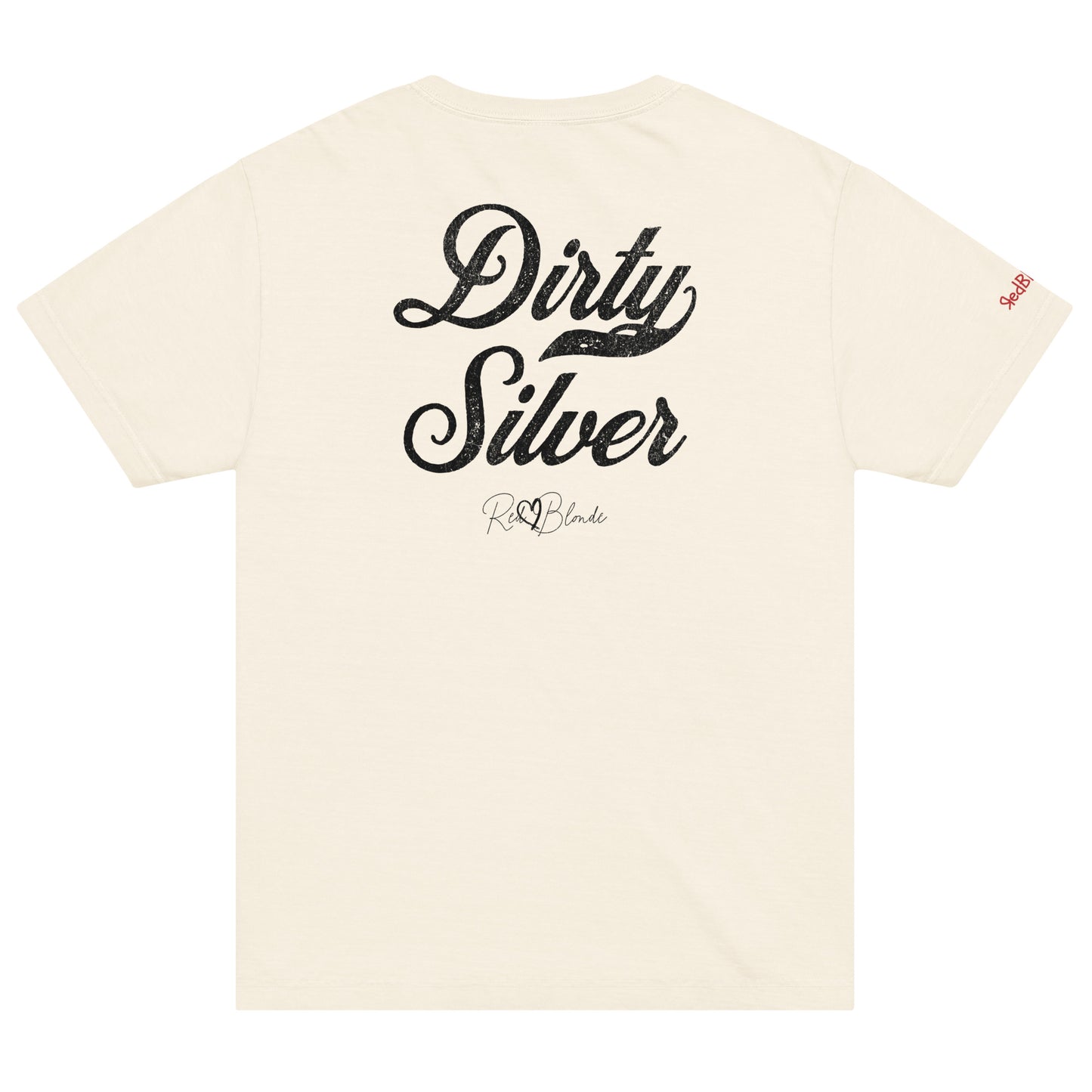 Back view of a off-white vintage wash oversized unisex T-shirt with bold black Milkstore 01 vintage-style script reading “Dirty Silver” and the RedBlonde signature logo beneath, plus a small RedBlonde logo detail on the right sleeve. 