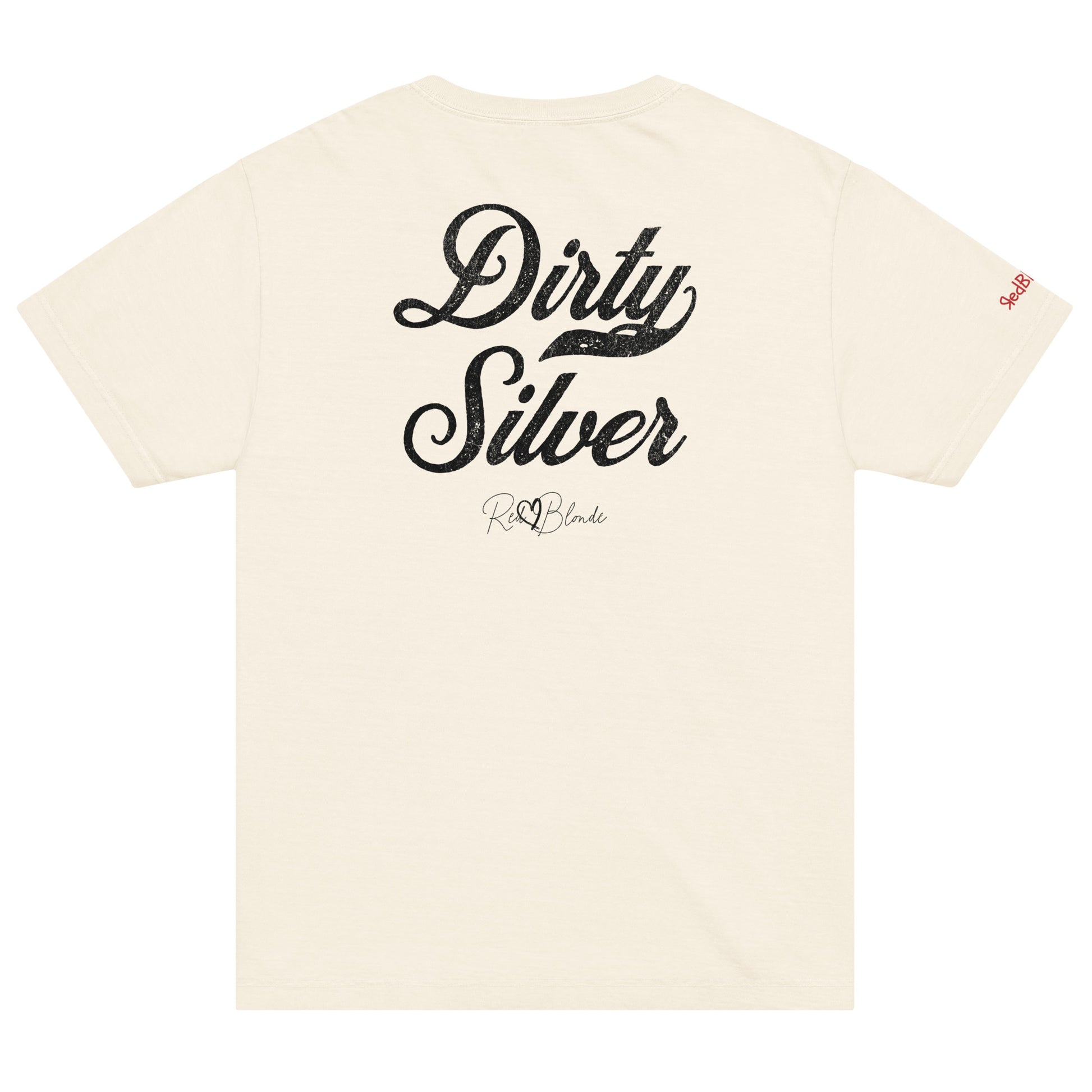 Back view of a off-white vintage wash oversized unisex T-shirt with bold black Milkstore 01 vintage-style script reading “Dirty Silver” and the RedBlonde signature logo beneath, plus a small RedBlonde logo detail on the right sleeve. 