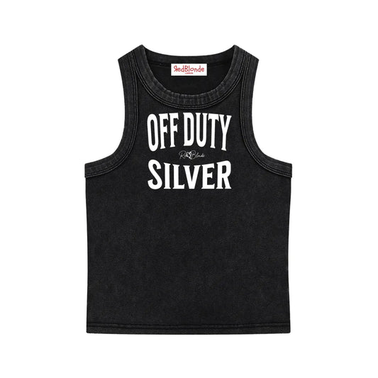 A black sleeveless vintage acid wash tank top laid flat on a white background, with white text on the chest reading “OFF DUTY SILVER” in bold Brookfield lettering, and a small cursive RedBlonde signature logo between the words. 
