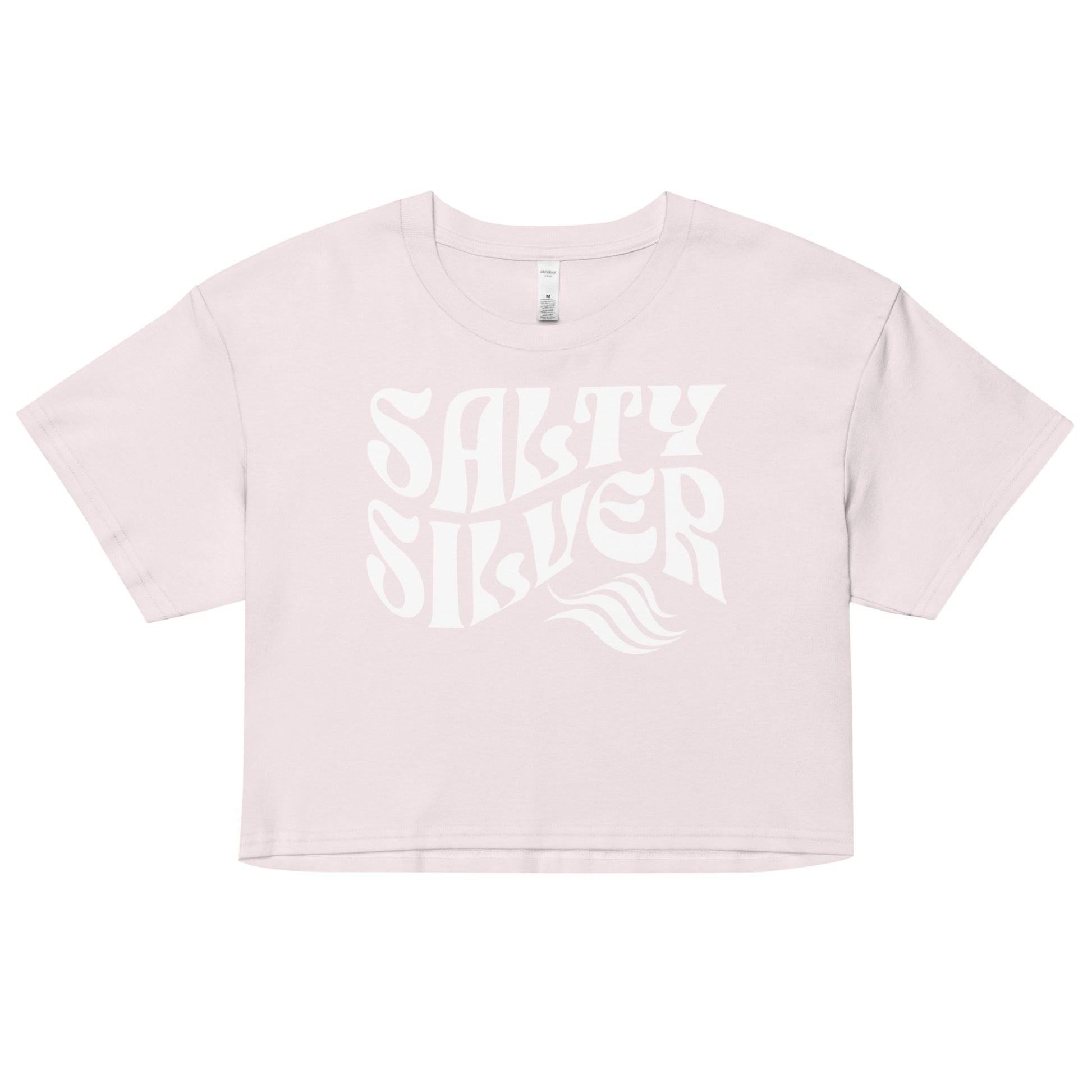 Orchid loose women's crop top t-shirt with the words ‘Salty Silver’ in white solino display retro wavy 70s font