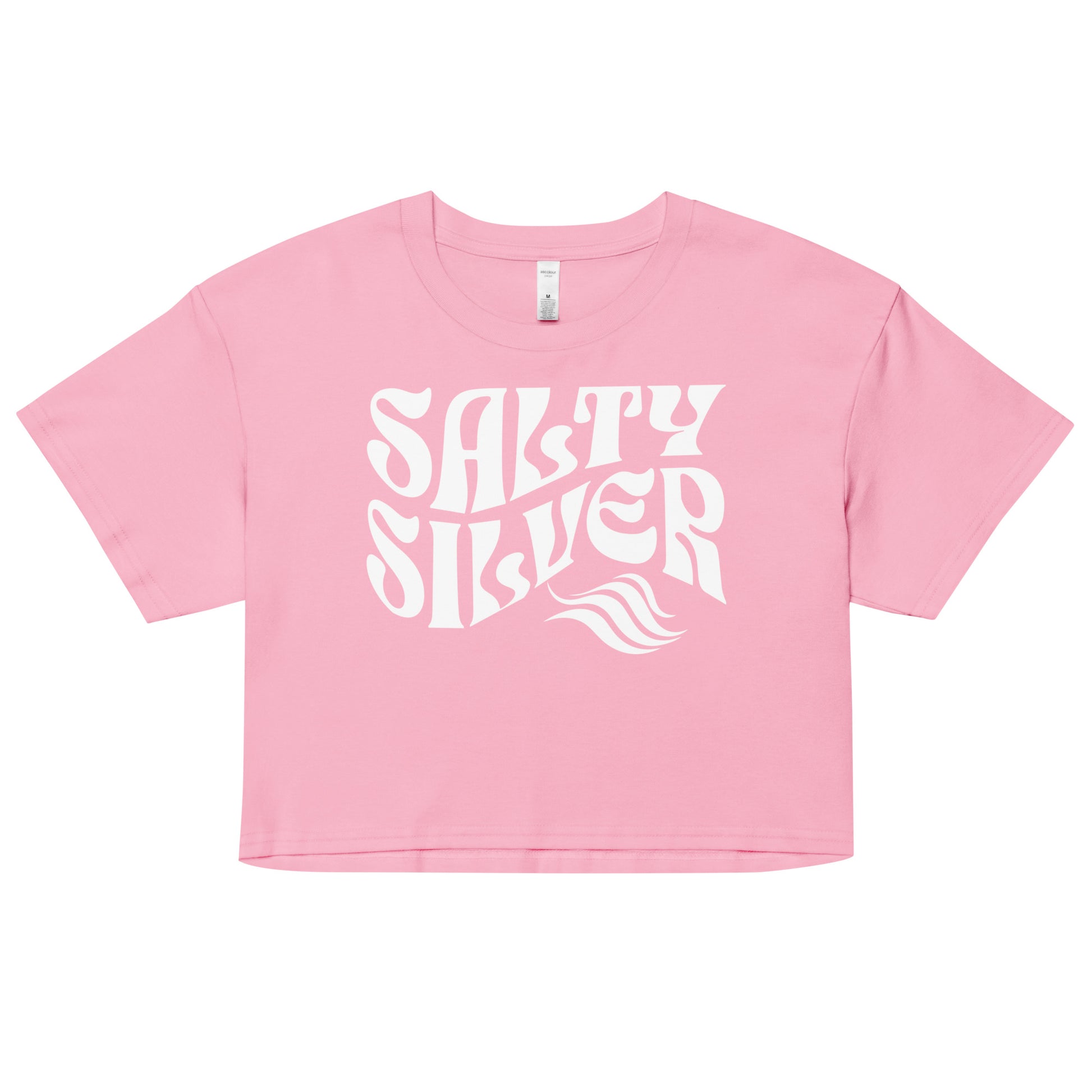 Pale Pink loose women's crop top t-shirt with the words ‘Salty Silver’ in white solino display retro wavy 70s font