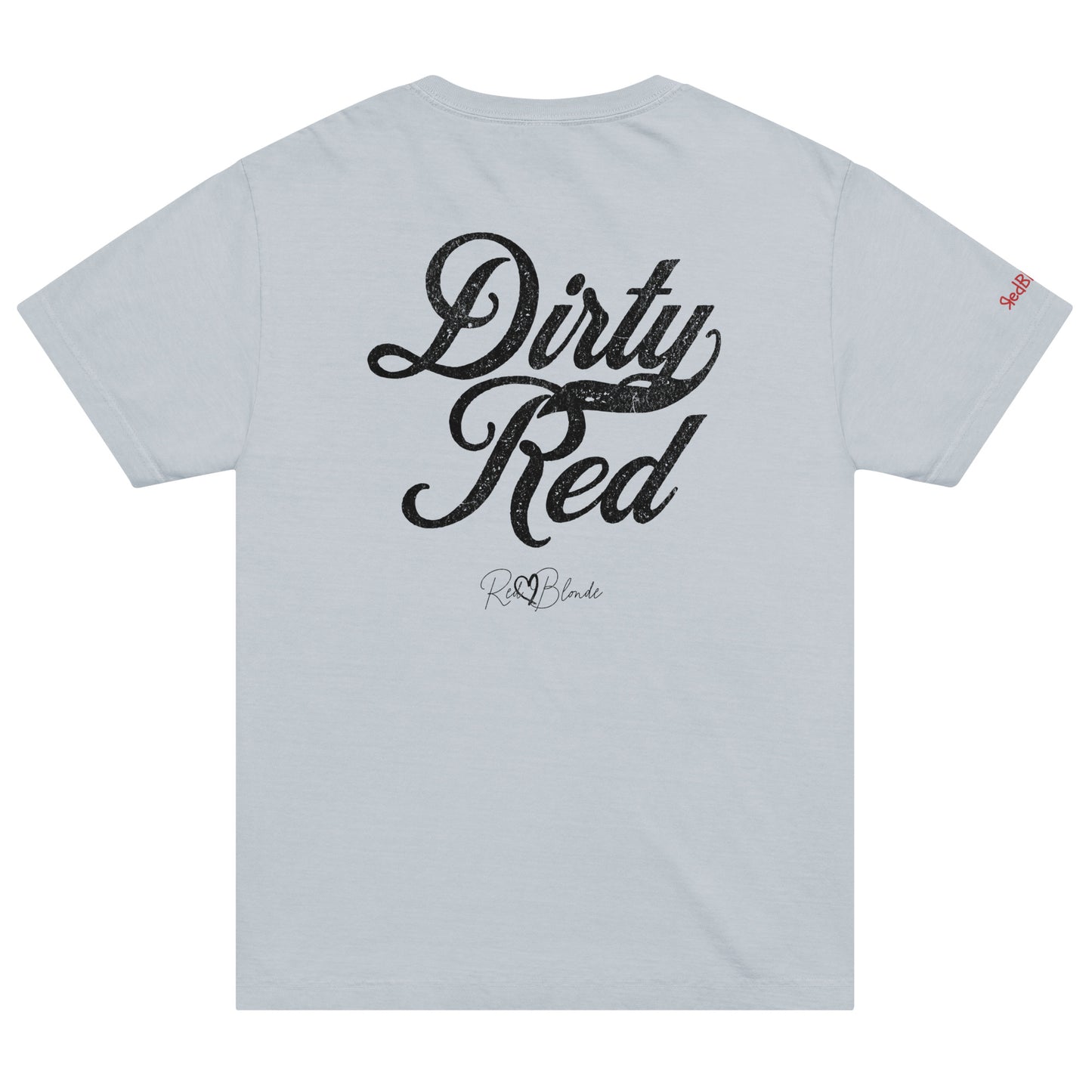 Back view of a pale blue vintage wash oversized unisex T-shirt with bold black Milkstore 01 vintage-style script reading “Dirty Red” and the RedBlonde signature logo beneath, plus a small RedBlonde logo detail on the right sleeve. 