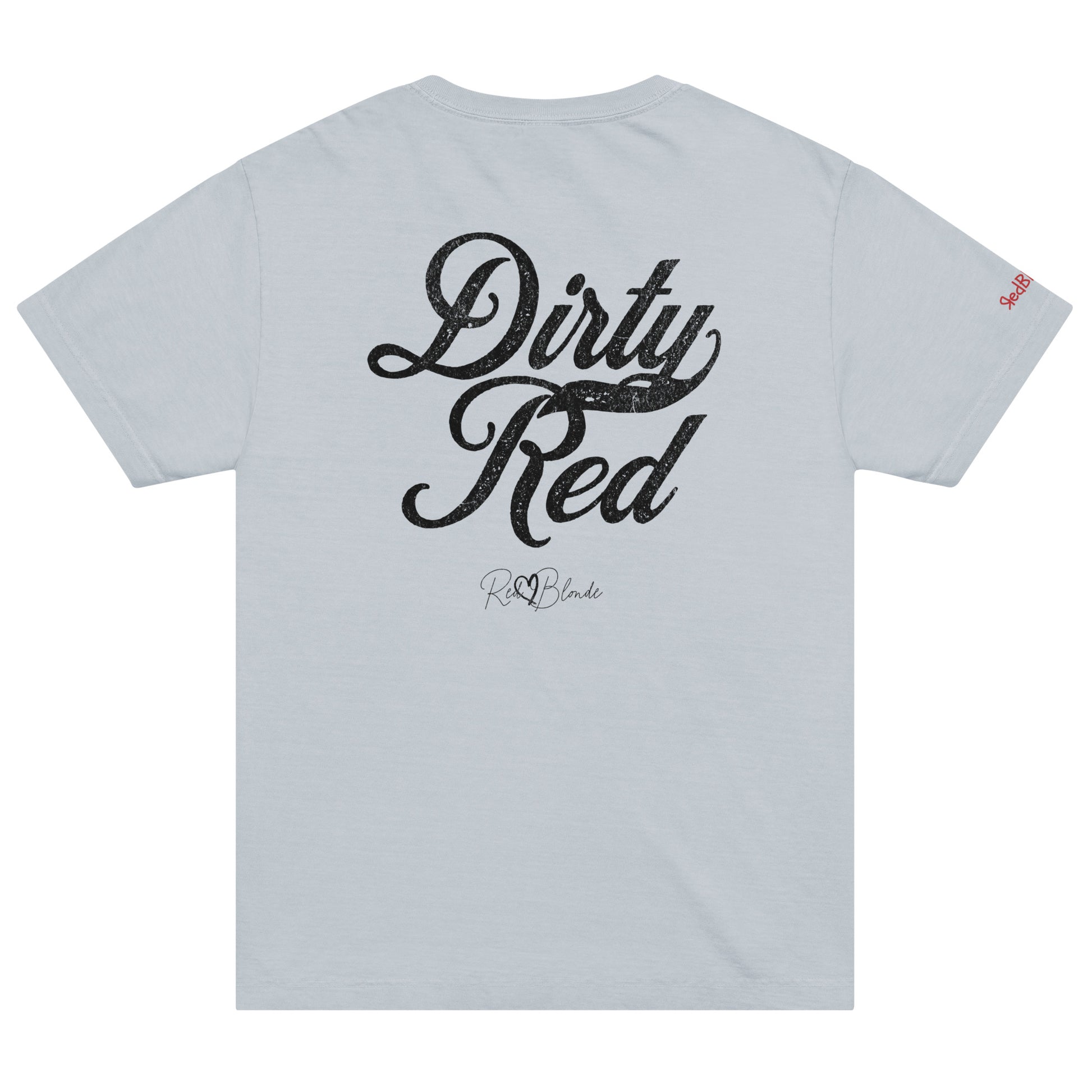 Back view of a pale blue vintage wash oversized unisex T-shirt with bold black Milkstore 01 vintage-style script reading “Dirty Red” and the RedBlonde signature logo beneath, plus a small RedBlonde logo detail on the right sleeve. 