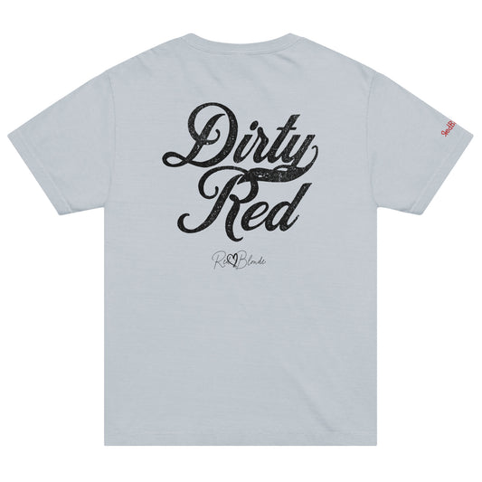 Back view of a pale blue vintage wash oversized unisex T-shirt with bold black Milkstore 01 vintage-style script reading “Dirty Red” and the RedBlonde signature logo beneath, plus a small RedBlonde logo detail on the right sleeve. 