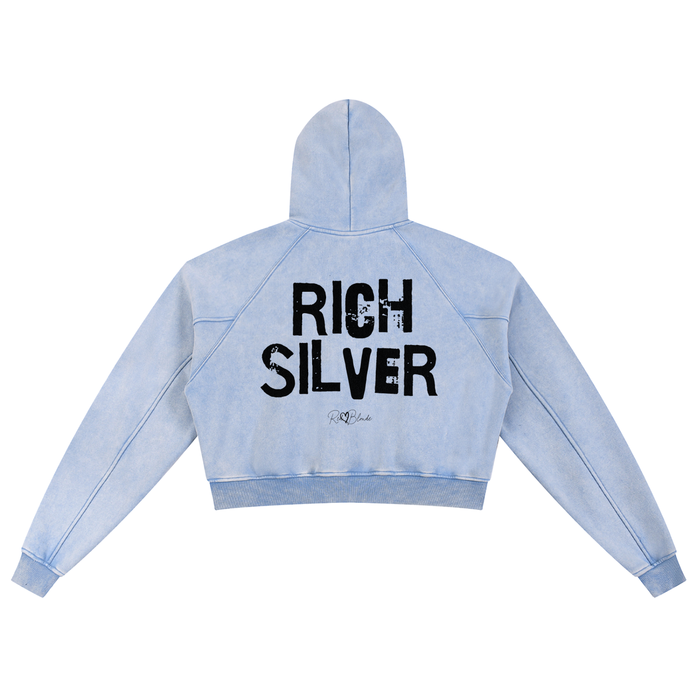 Back view of a cropped snow-wash pale blue hoodie with bold black “RICH SILVER” Ed Gein font and the RedBlonde signature logo printed below.
