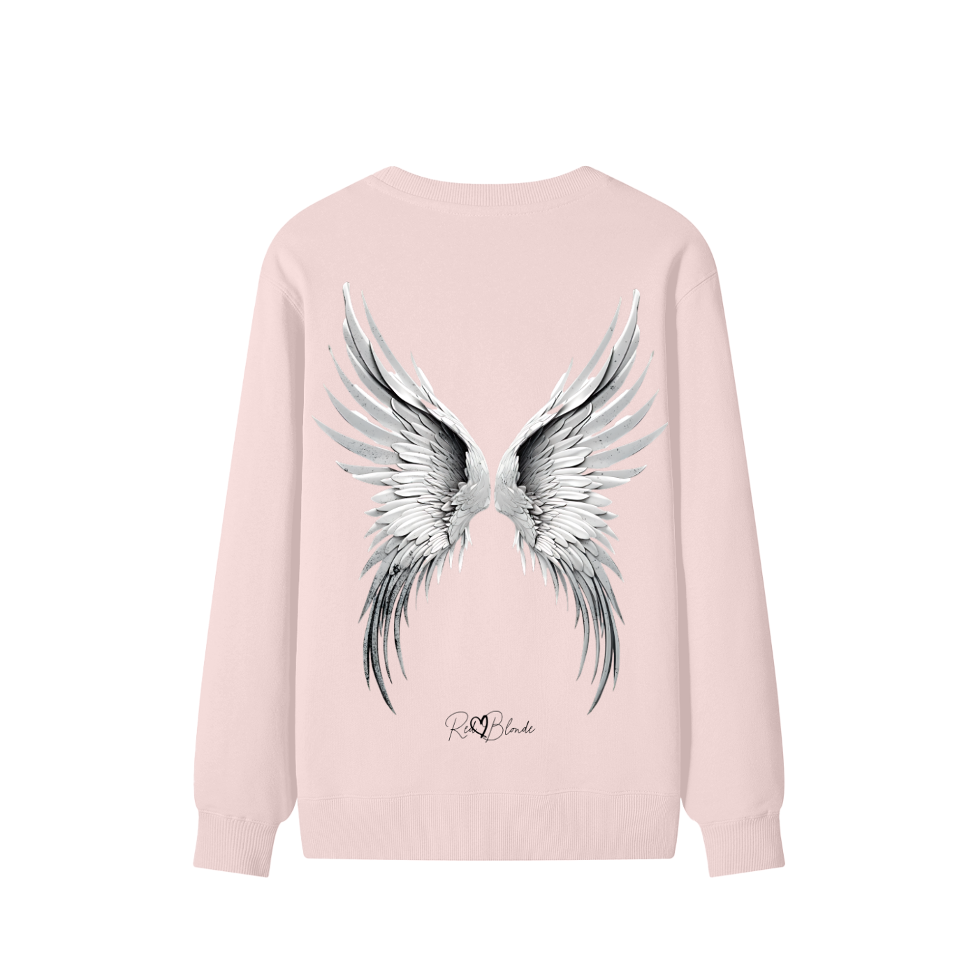 Pale pink sweatshirt featuring a striking pair of detailed silver-grey angel wings printed across the back, with the RedBlonde signature logo beneath the design.