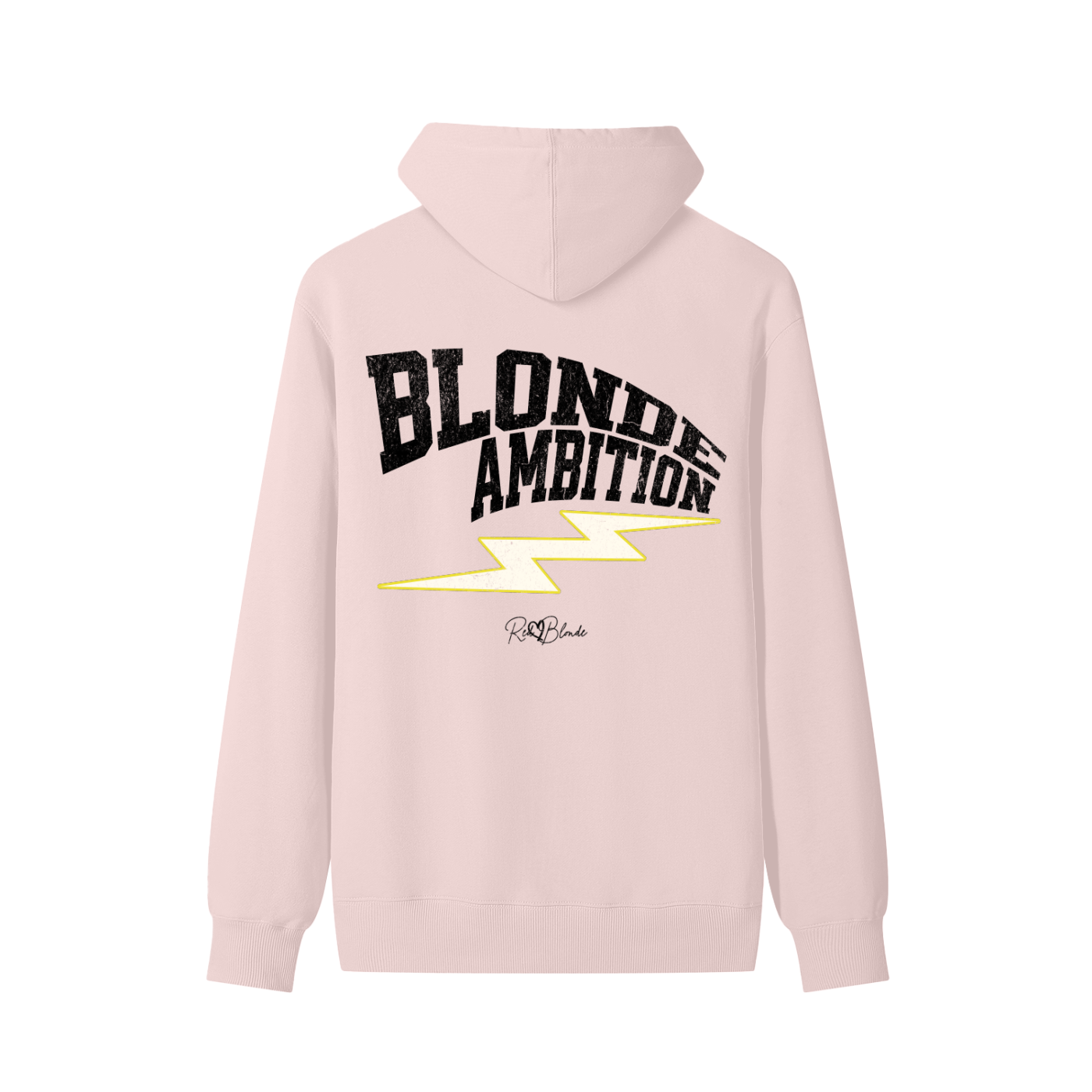 Pale pink hoodie featuring bold white vintage-textured TRICOT font lettering that reads “Blonde Ambition” across the back, with a yellow lightning bolt graphic underneath and the RedBlonde signature logo printed below.