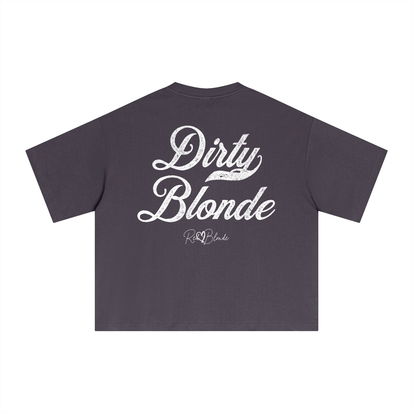 Back view of a plum boxy oversized unisex T-shirt with bold white Milkstore 01 vintage-style script reading “Dirty Blonde” and the RedBlonde signature logo beneath