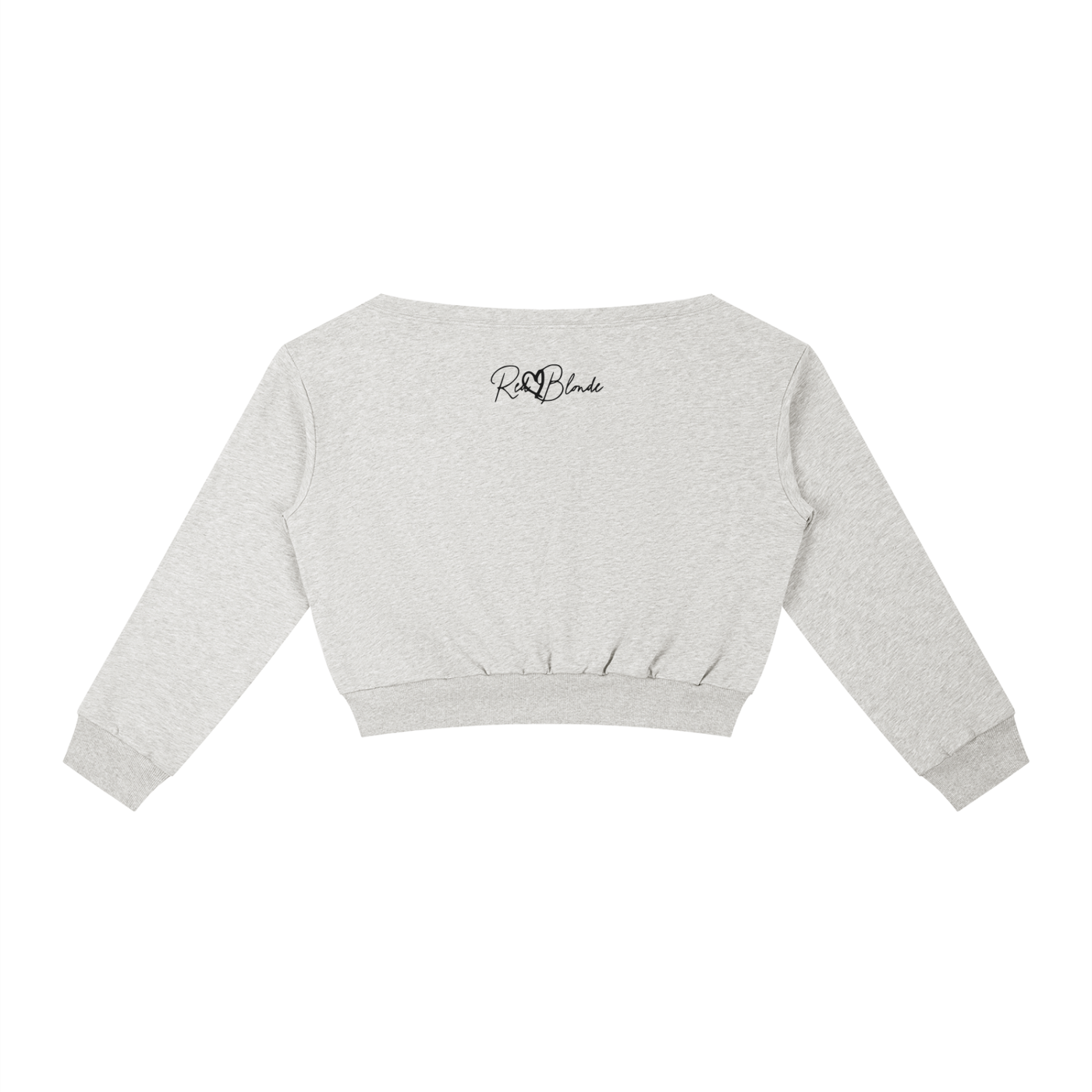 Light grey off-the-shoulder cropped sweatshirt with long sleeves, ribbed cuffs and hem, and a small black RedBlonde logo printed at the upper back.