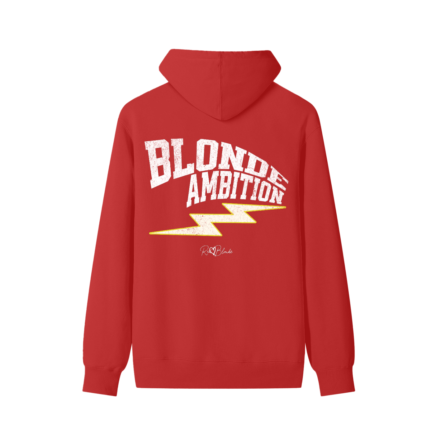 Red hoodie featuring bold white vintage-textured TRICOT font lettering that reads “Blonde Ambition” across the back, with a yellow lightning bolt graphic underneath and the RedBlonde signature logo printed below.