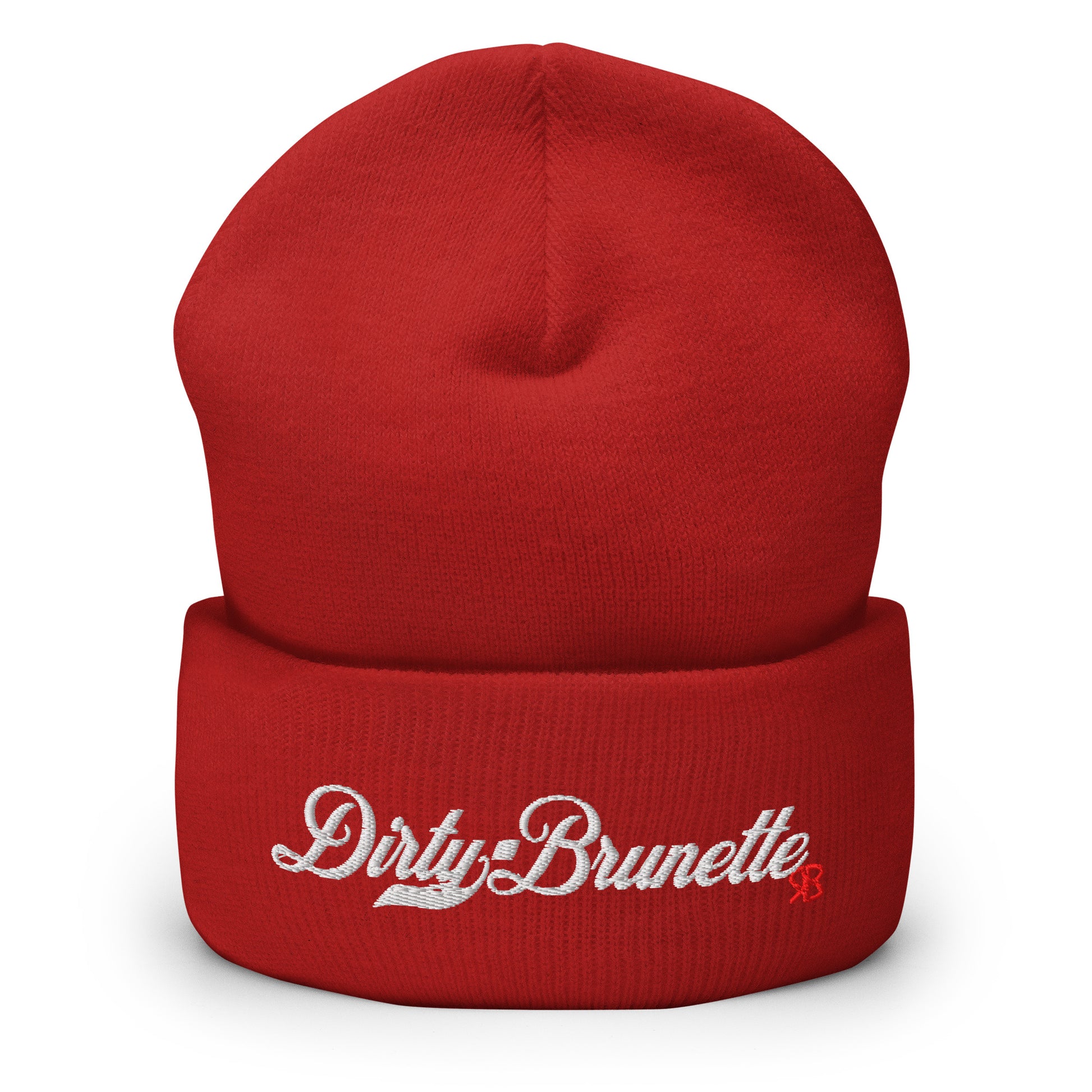Red knitted beanie with the embroidered phrase “Dirty Brunette” in white script and a small red RB logo on the fold-over cuff, displayed against a clean white background.