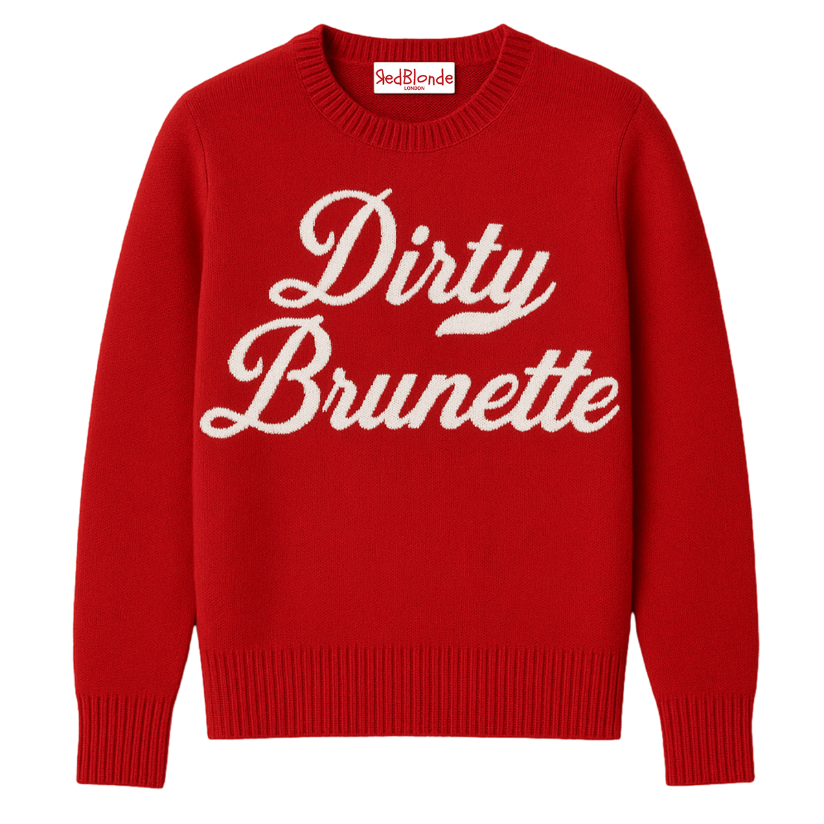 Red cashmere jumper with ‘Dirty Brunette’ knitted across the chest in white milkstore retro font