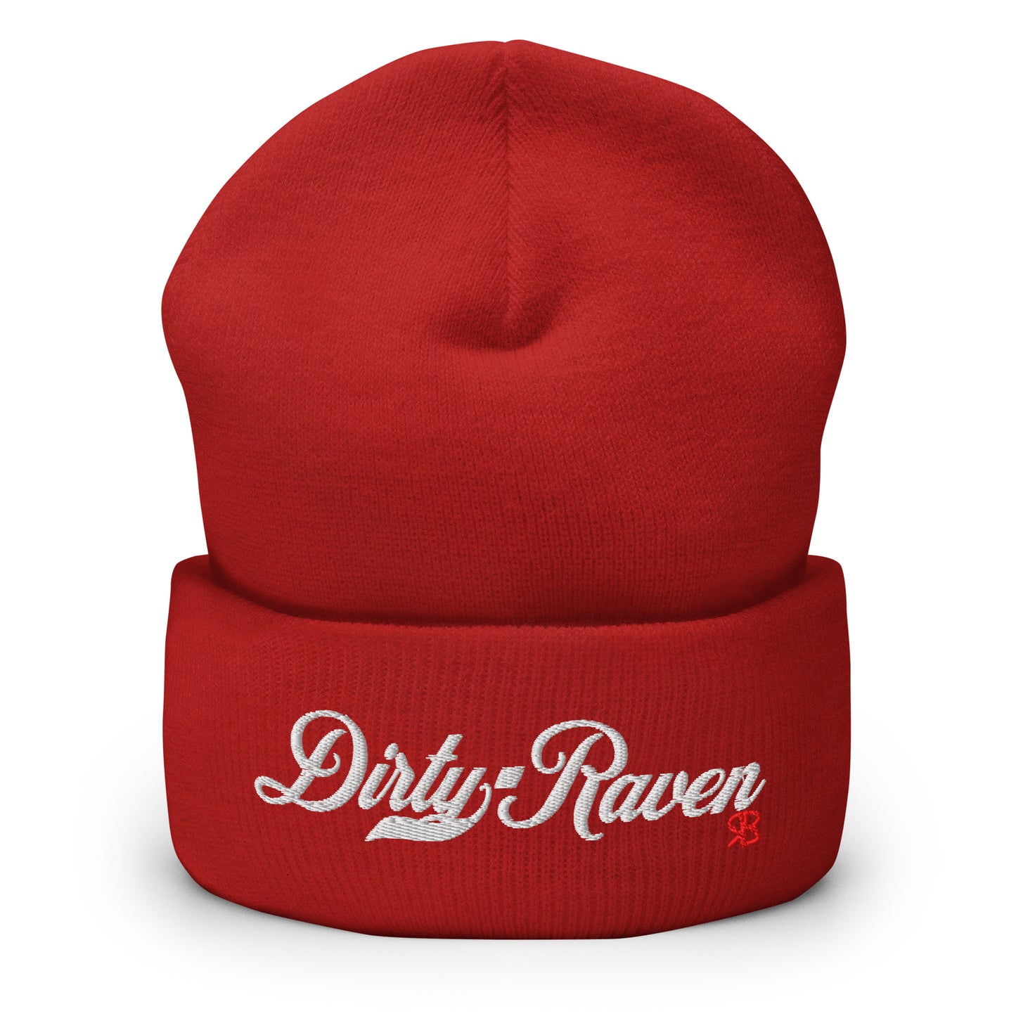 Red knitted beanie with the embroidered phrase “Dirty Raven” in white script and a small red RB logo on the fold-over cuff, displayed against a clean white background.