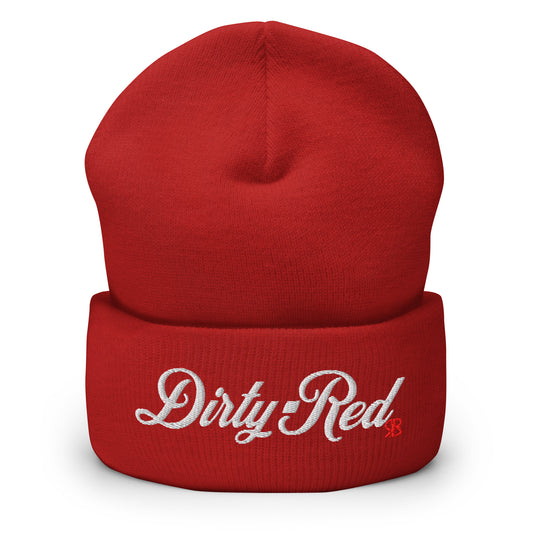 Red knitted beanie with the embroidered phrase “Dirty Red” in white script and a small red RB logo on the fold-over cuff, displayed against a clean white background.