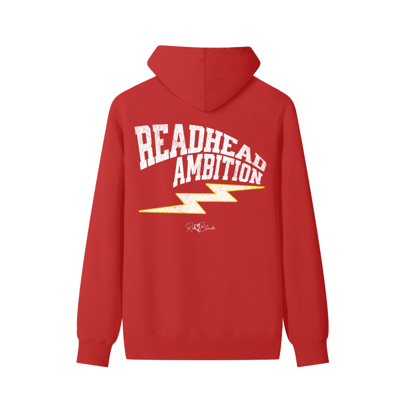Red hoodie featuring bold white vintage-textured TRICOT font lettering that reads “Redhead Ambition” across the back, with a yellow lightning bolt graphic underneath and the RedBlonde signature logo printed below.