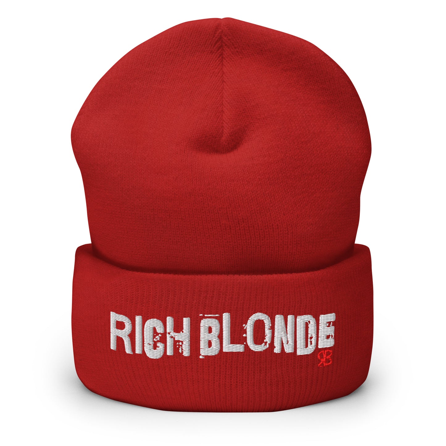 Red cuffed beanie featuring bold white embroidered text “RICH BLONDE” across the front and a small red RB logo detail on the fold.