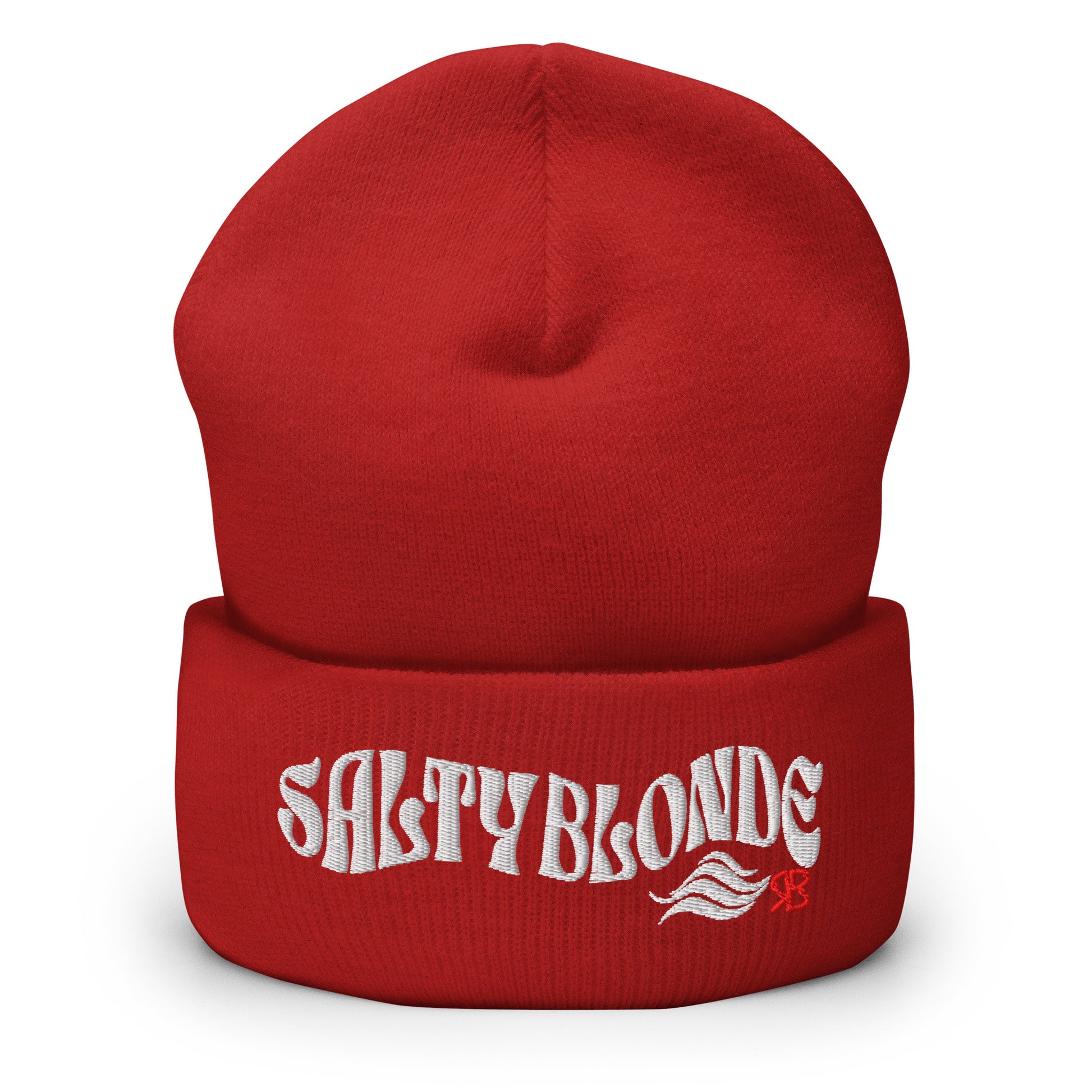 Red cuffed beanie featuring the embroidered phrase “SALTY BLONDE” in textured white lettering with a flowing wave motif and a small red RB logo on the fold.