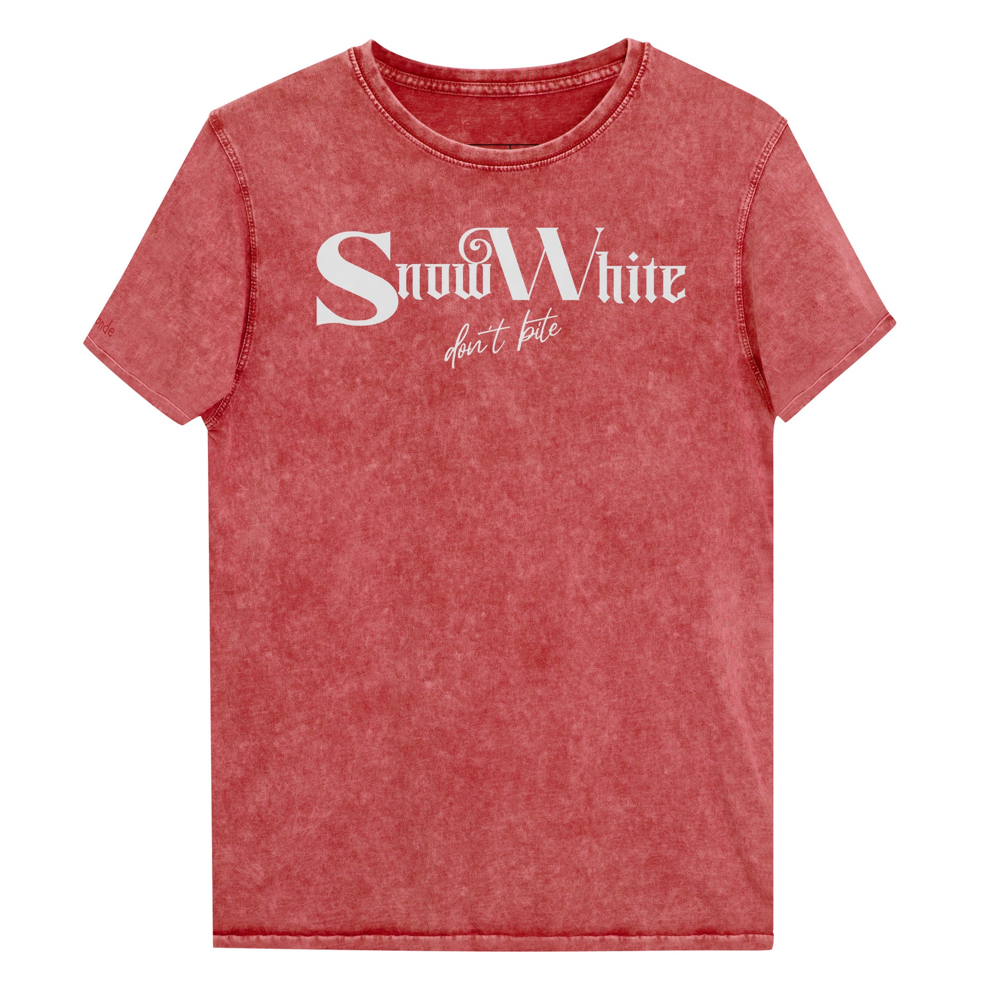 Red acid wash denim look unisex t-shirt featuring white Angel Rhapsody gothic-inspired font that reads “Snow White” and the phrase “don’t bite” written underneath in a cursive script. Branded RedBlonde London in red on inside neck and right sleeve
