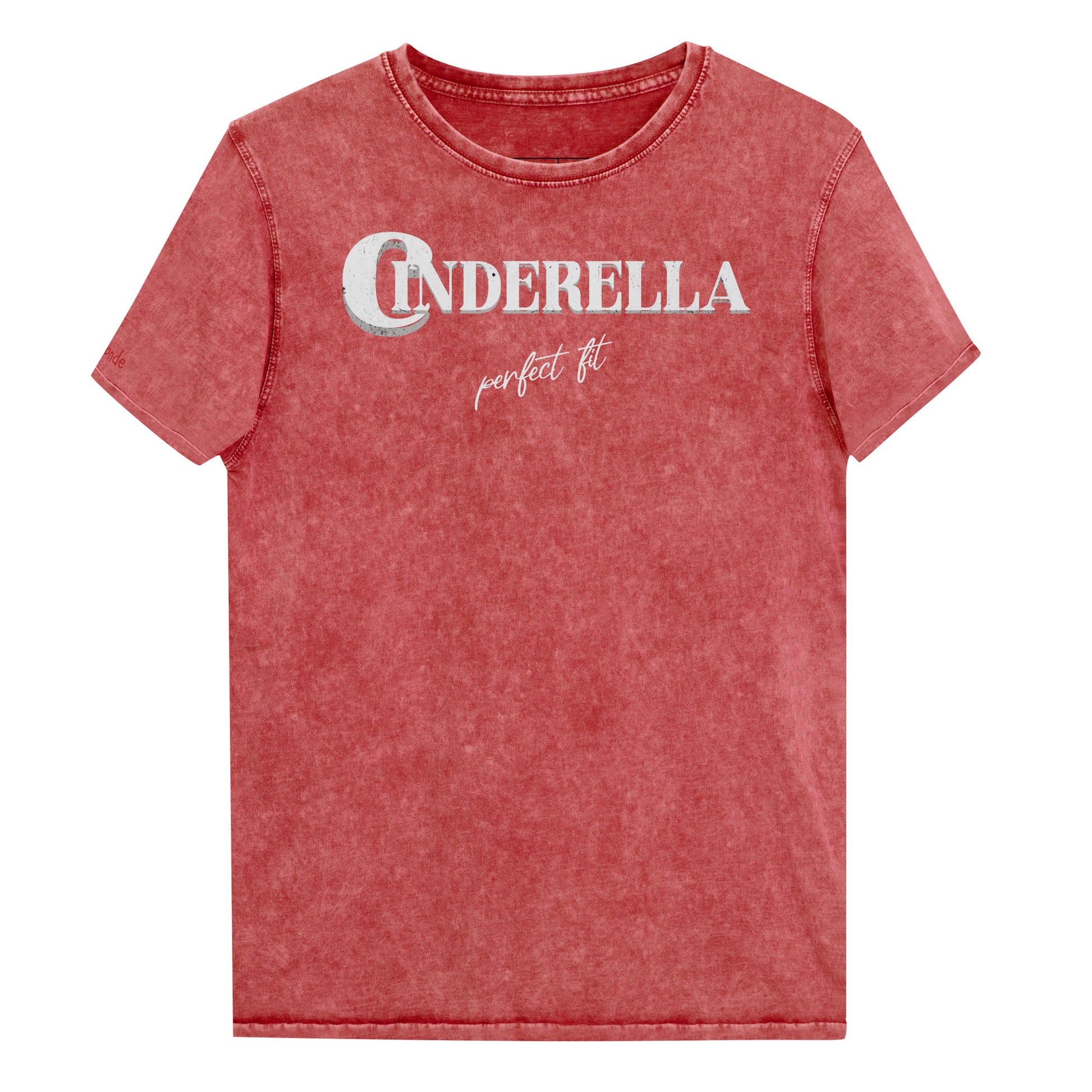 Red acid wash vintage look unisex t-shirt featuring white merger text that reads “Cinderella” with a decorative crescent moon incorporated into the letter C, and the phrase “perfect fit” written underneath in an elegant cursive script.