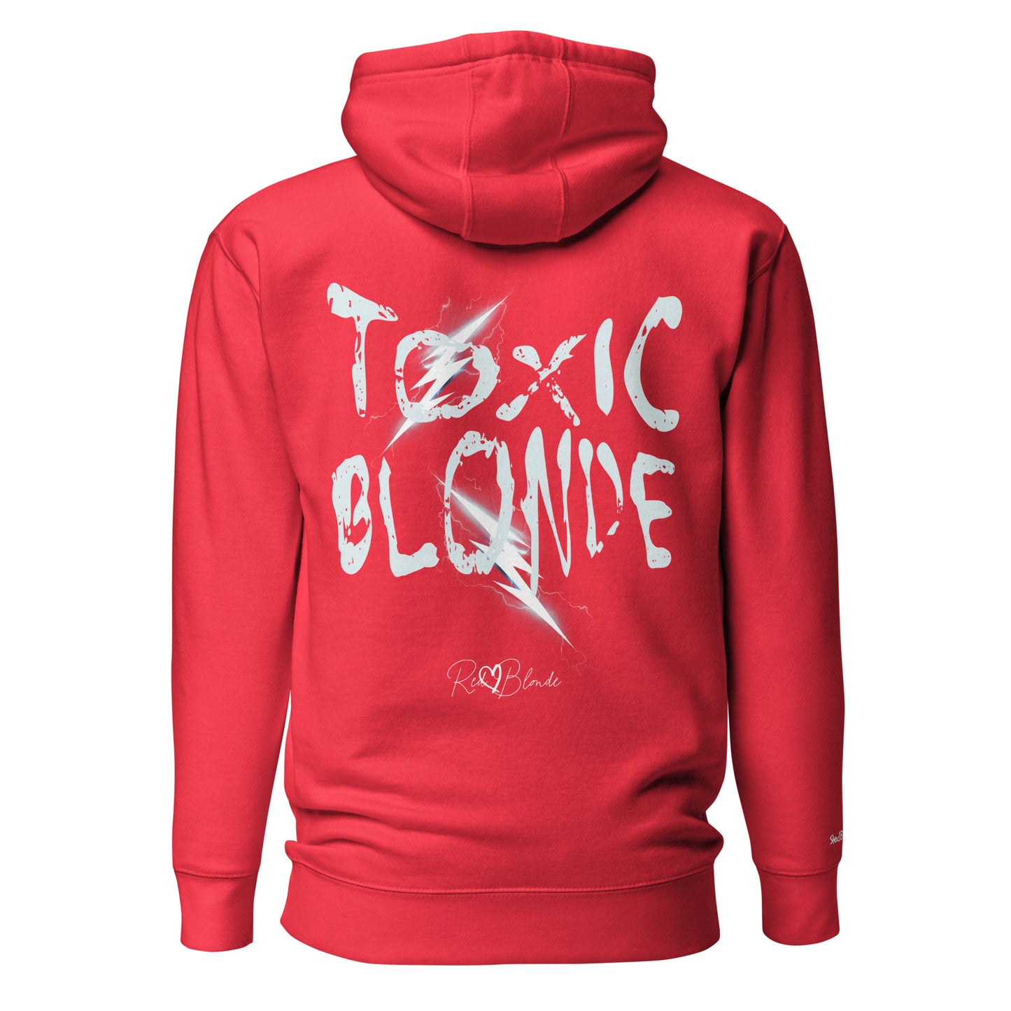 Back view of a garnet red unisex hoodie featuring bold distressed white Chainsaw Carnage text reading “Toxic Blonde” with lightning-style accents and the RedBlonde signature logo underneath. The design has an edgy, electric aesthetic.It features the text 'Blonde' embroidered on the front. Branded RedBlonde in red on right sleeve.
