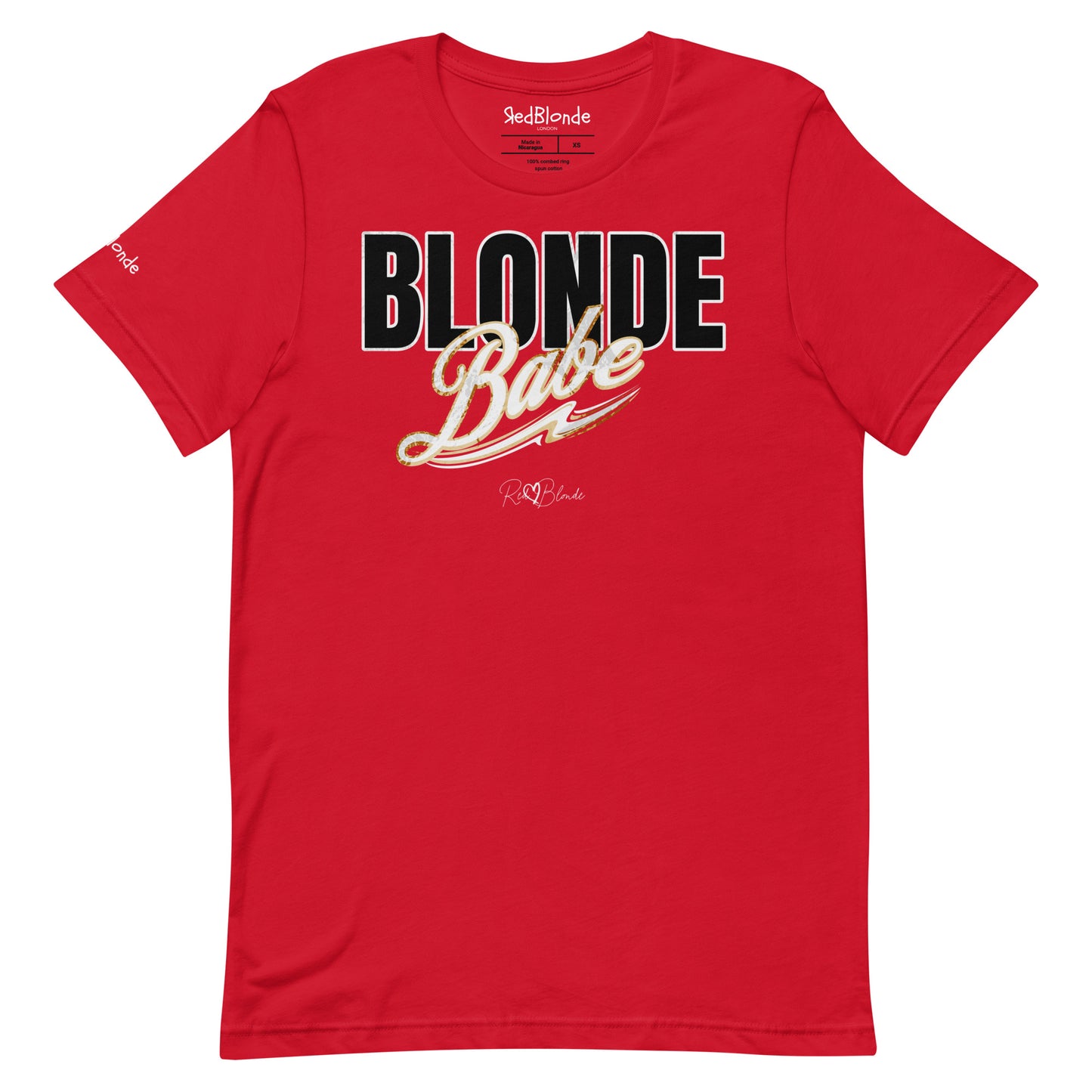 Bright red unisex T-shirt with bold black and gold vintage lettering that reads ‘Blonde Babe’ across the chest, in Anton text for 'babe' and Milkstore 01 script for  ‘Babe’ with a swoosh underline and the RedBlonde signature logo beneath. Branded Redblonde on inside neck and right sleeve