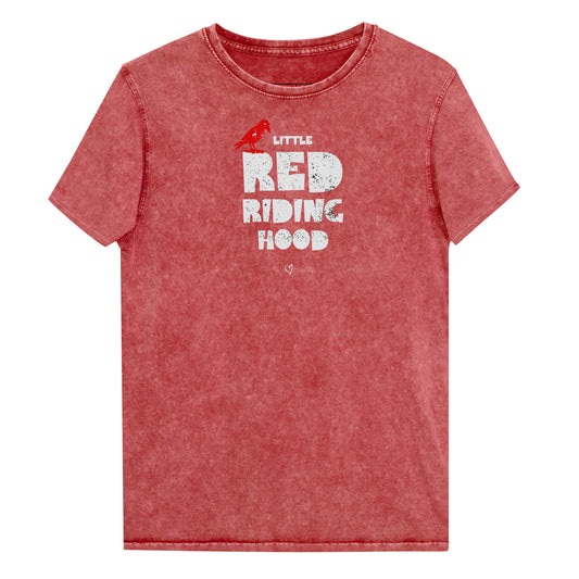 Red vintage acid wash denim look unisex t-shirt featuring bold distressed Love Birds font in white reading “Little Red Riding Hood” with a small red lack crow perched on the word “Little,” and the RedBlonde signature logo below. Branded RedBlonde London on inside neck and right sleeve