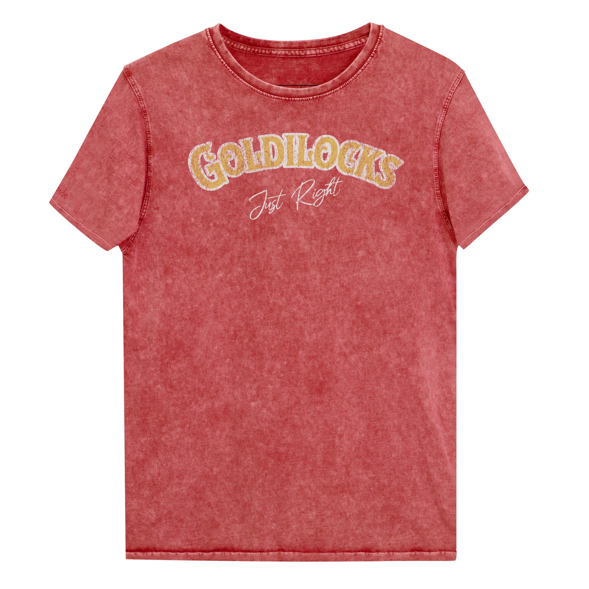 Red vintage acid wash look unisex t-shirt with the text “Goldilocks Just Right” in gold and white Signmaster Pro textured font, designed in a bold retro style. Branded RedBlonde on inside neck and right sleeve 