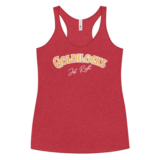 Red woman's racerback tank with the text “Goldilocks Just Right” in gold and white Signmaster Pro textured font, designed in a bold retro style. Branded RedBlonde London in red on the reverse